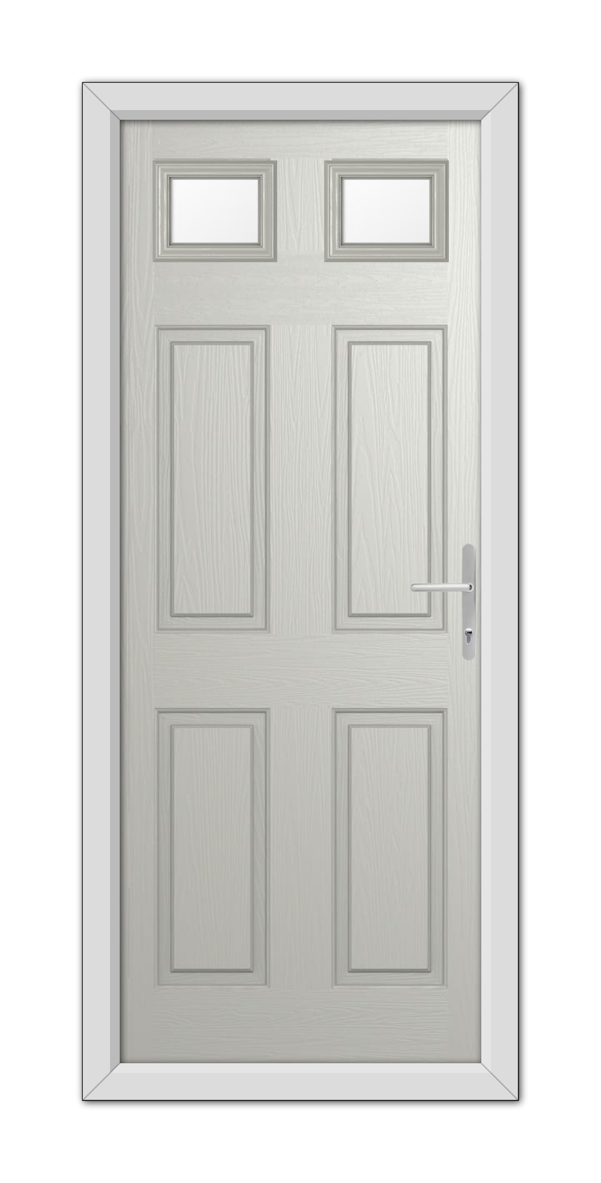 A modern Agate Grey Middleton Glazed 2 Composite Door 48mm Timber Core with four rectangular panels and three small windows at the top, fitted with a metallic handle on the right side.