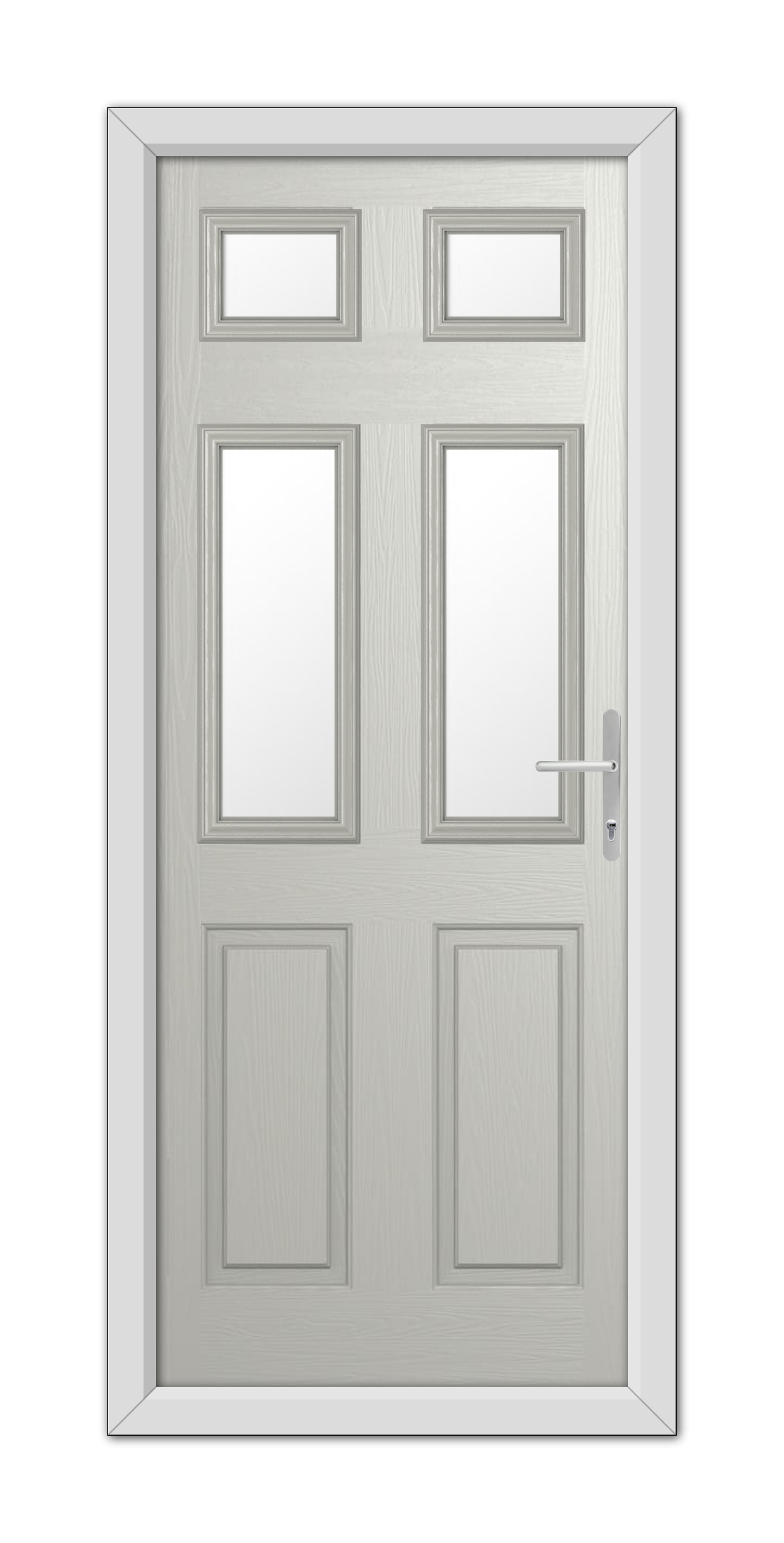 A modern Agate Grey Middleton Glazed 4 Composite Door 48mm Timber Core with six panels, three of which feature frosted glass, and a metallic handle on the right side.