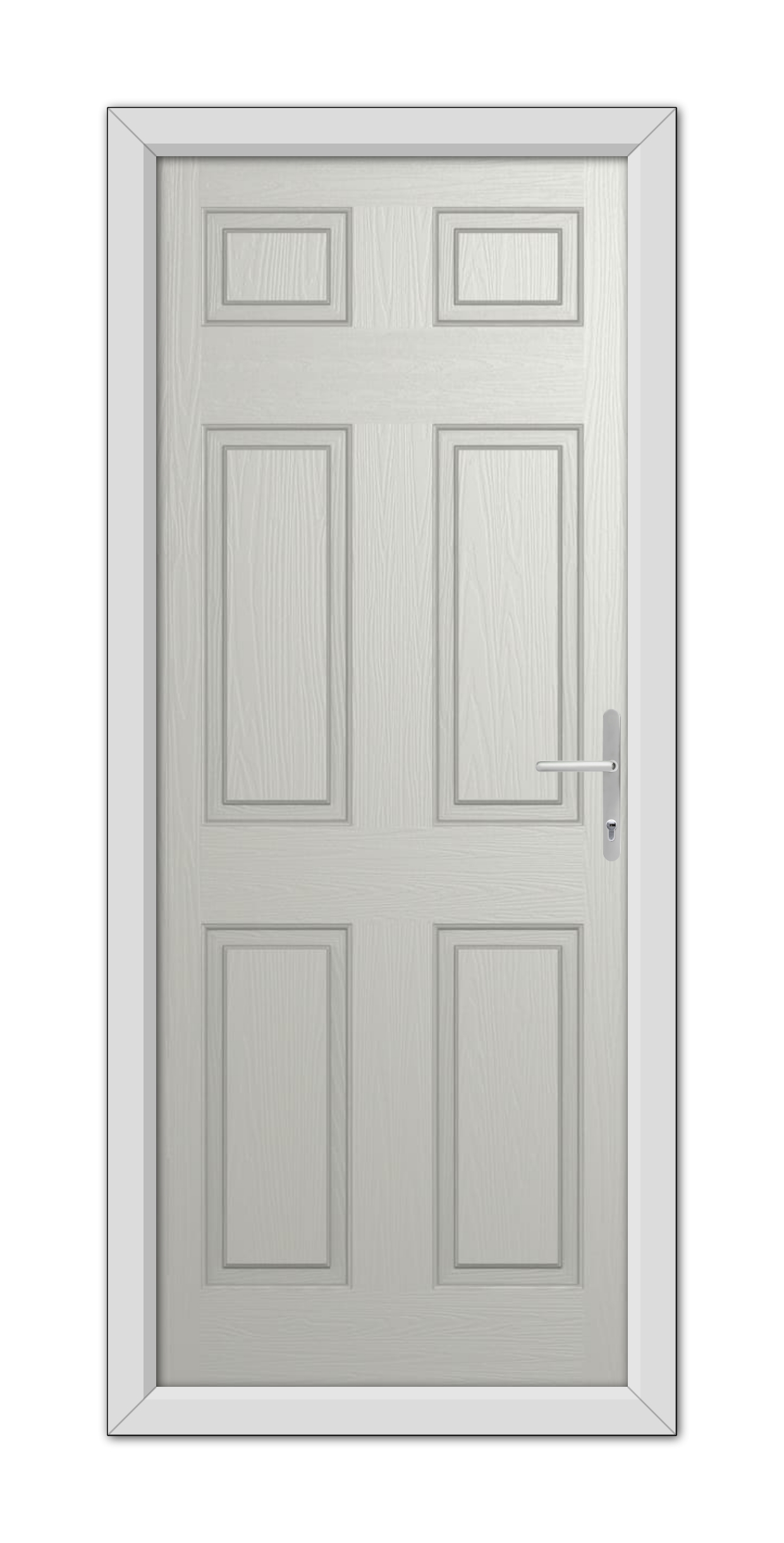 A modern Agate Grey Middleton Solid Composite Door 48mm Timber Core with six panels and a metallic handle, set within a simple frame.