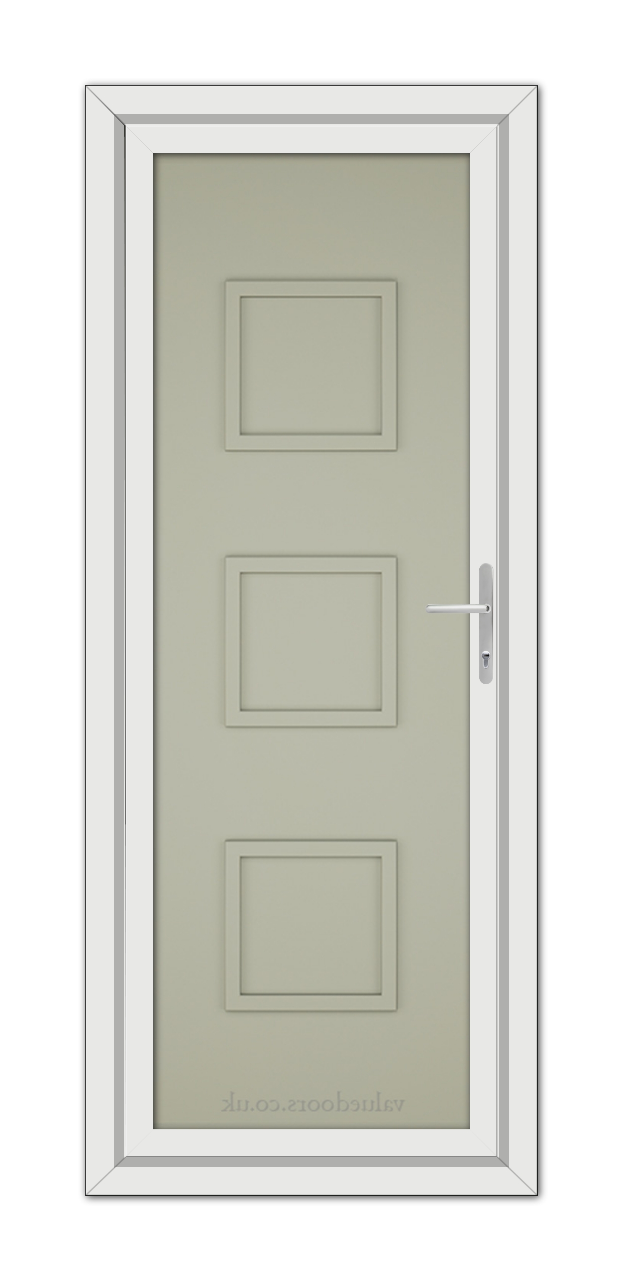 A modern Agate Grey door with three rectangular panels and a silver handle, set within a white frame.