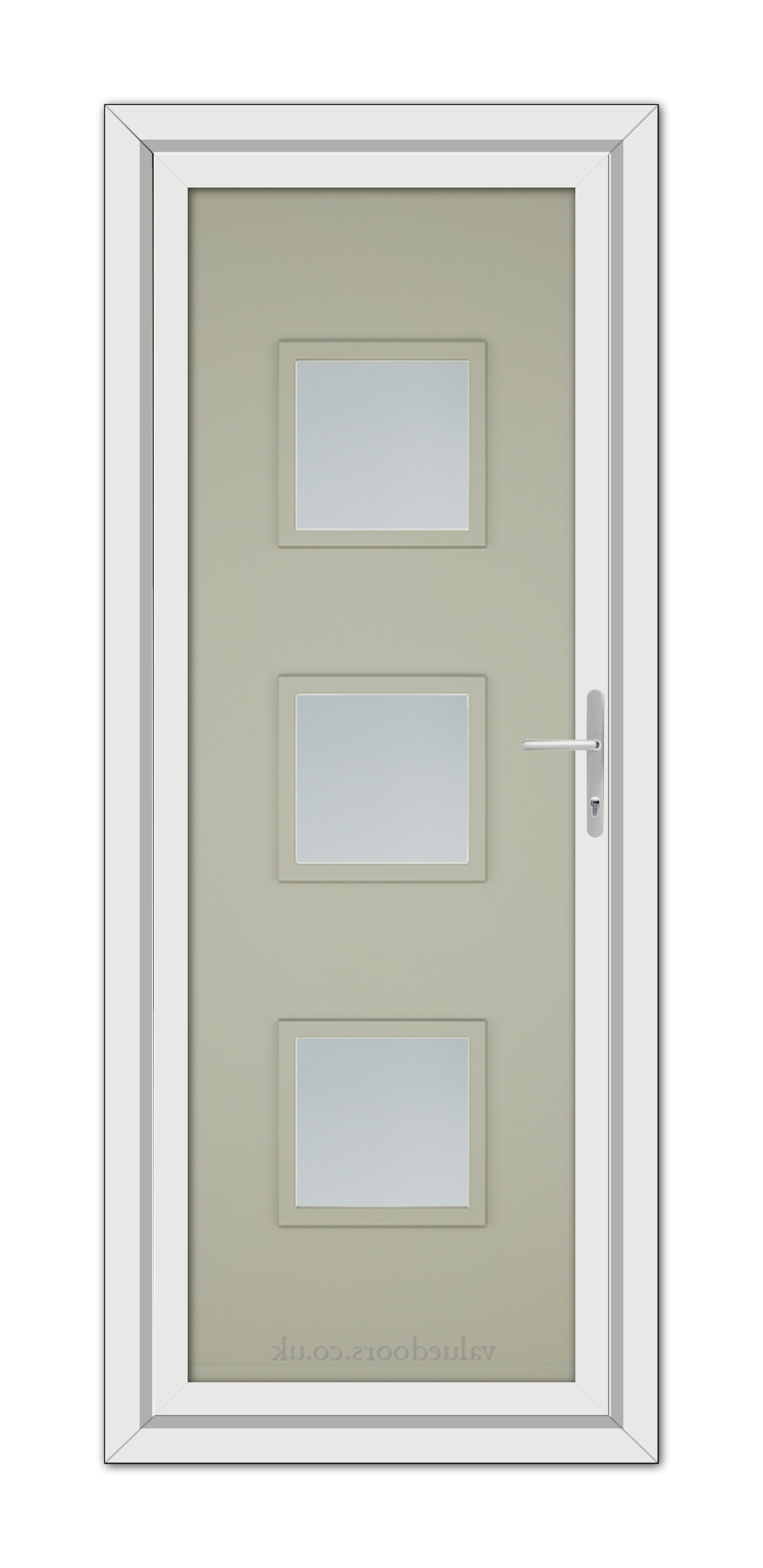 A Agate Grey Modern 5013 uPVC door with a white frame, featuring three frosted glass panels and a silver handle, positioned vertically.
