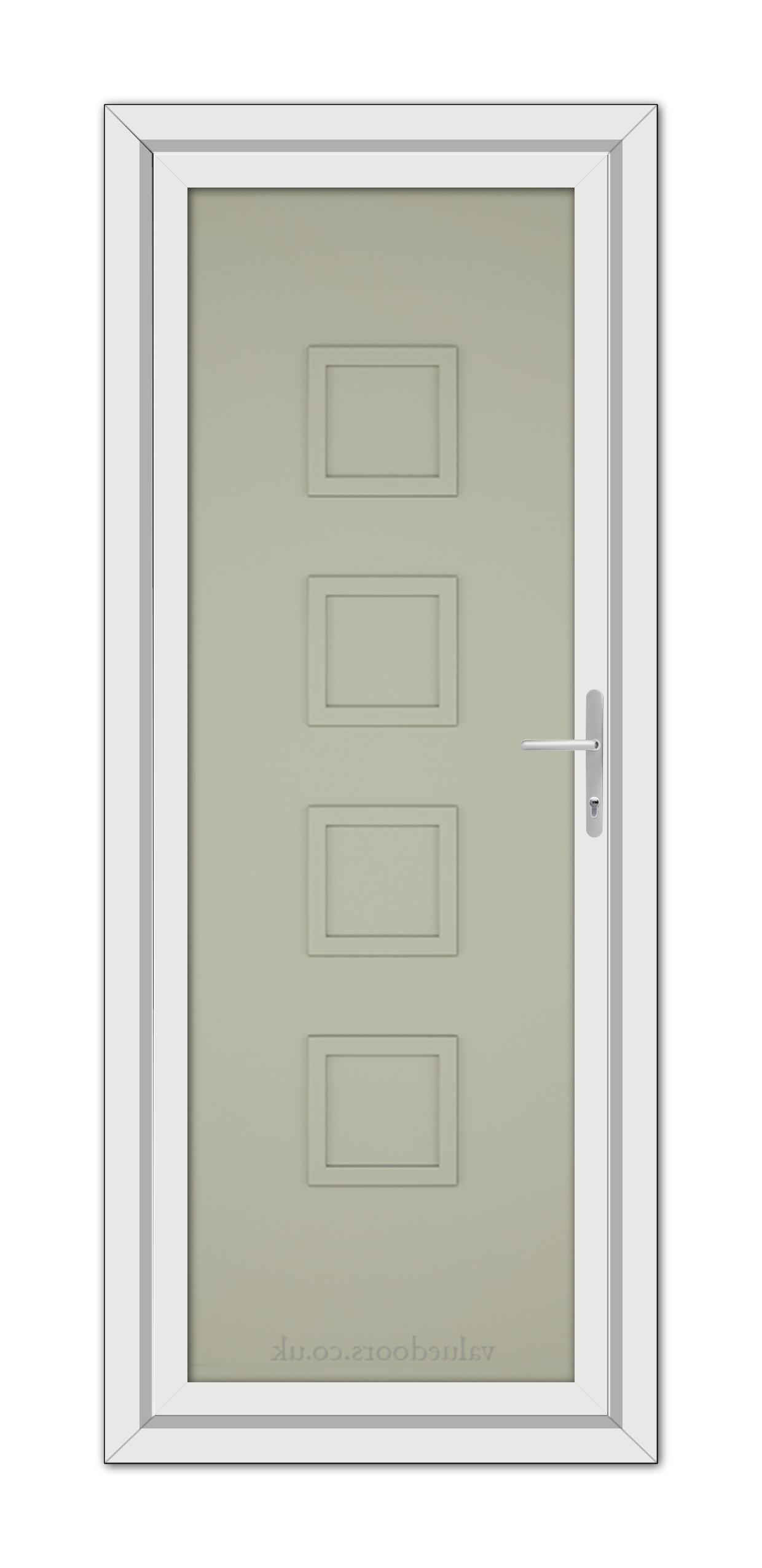 A Agate Grey Modern 5034 Solid uPVC door featuring four rectangular panels and a metallic handle, set within a white frame.