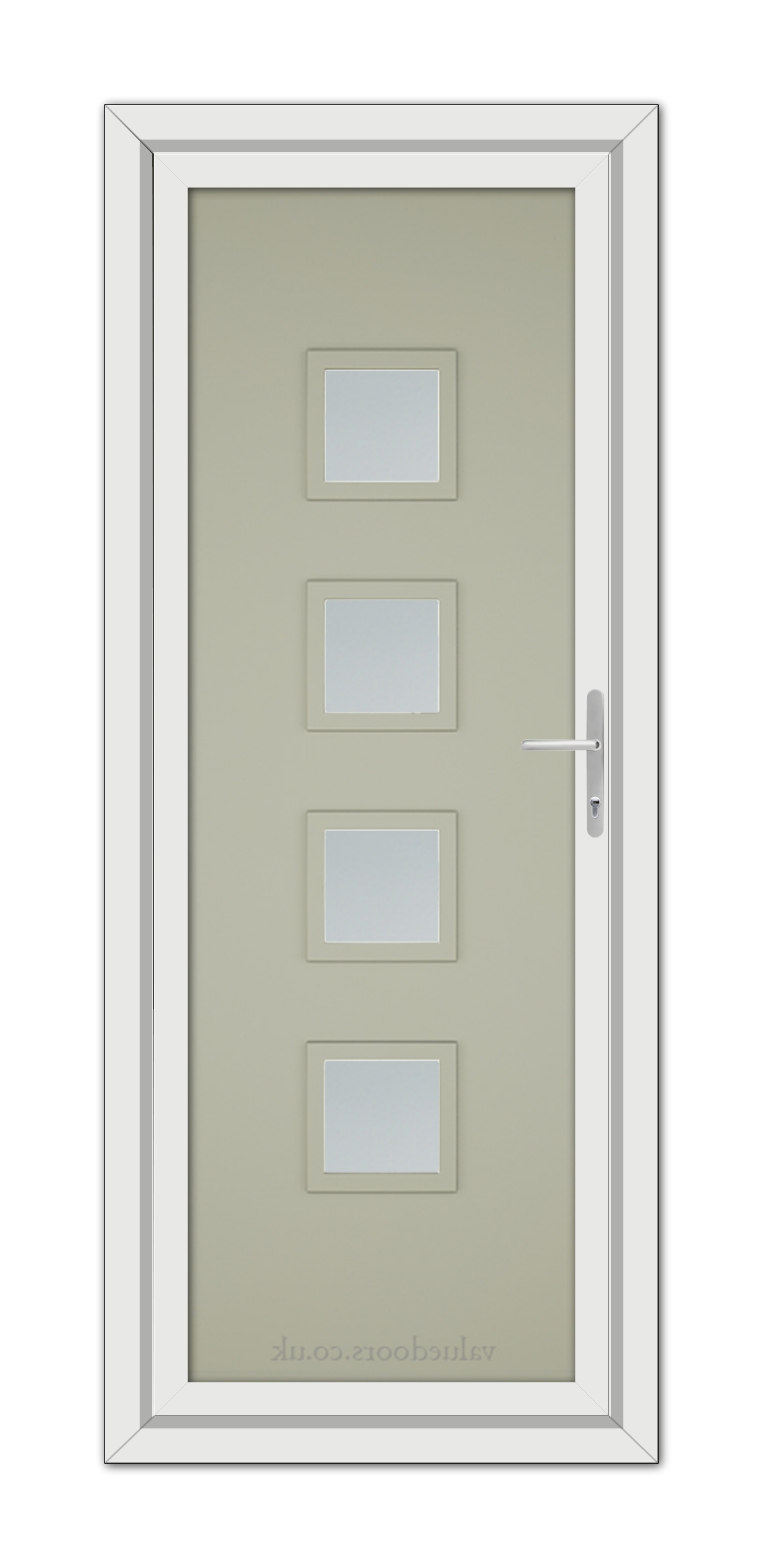 Agate Grey Modern 5034 uPVC door with four small square glass panels and a metal handle, set in a white frame.