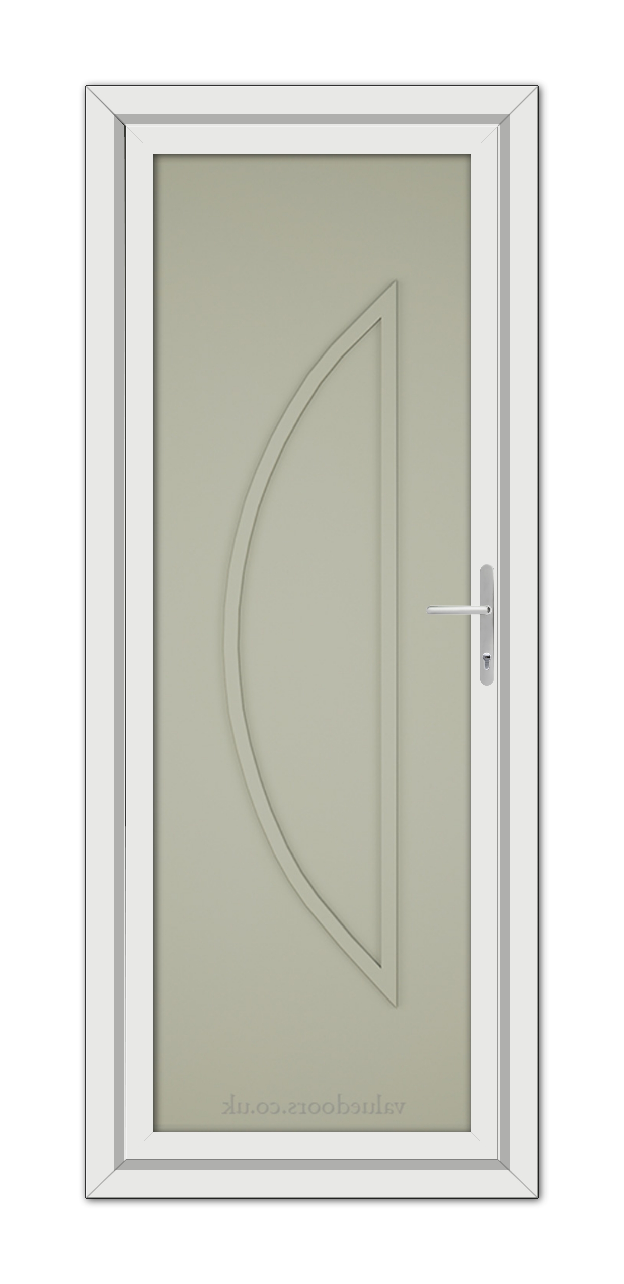 A Agate Grey Modern 5051 Solid uPVC door with an elegantly curved raised panel design and a metallic handle, set within a white frame.