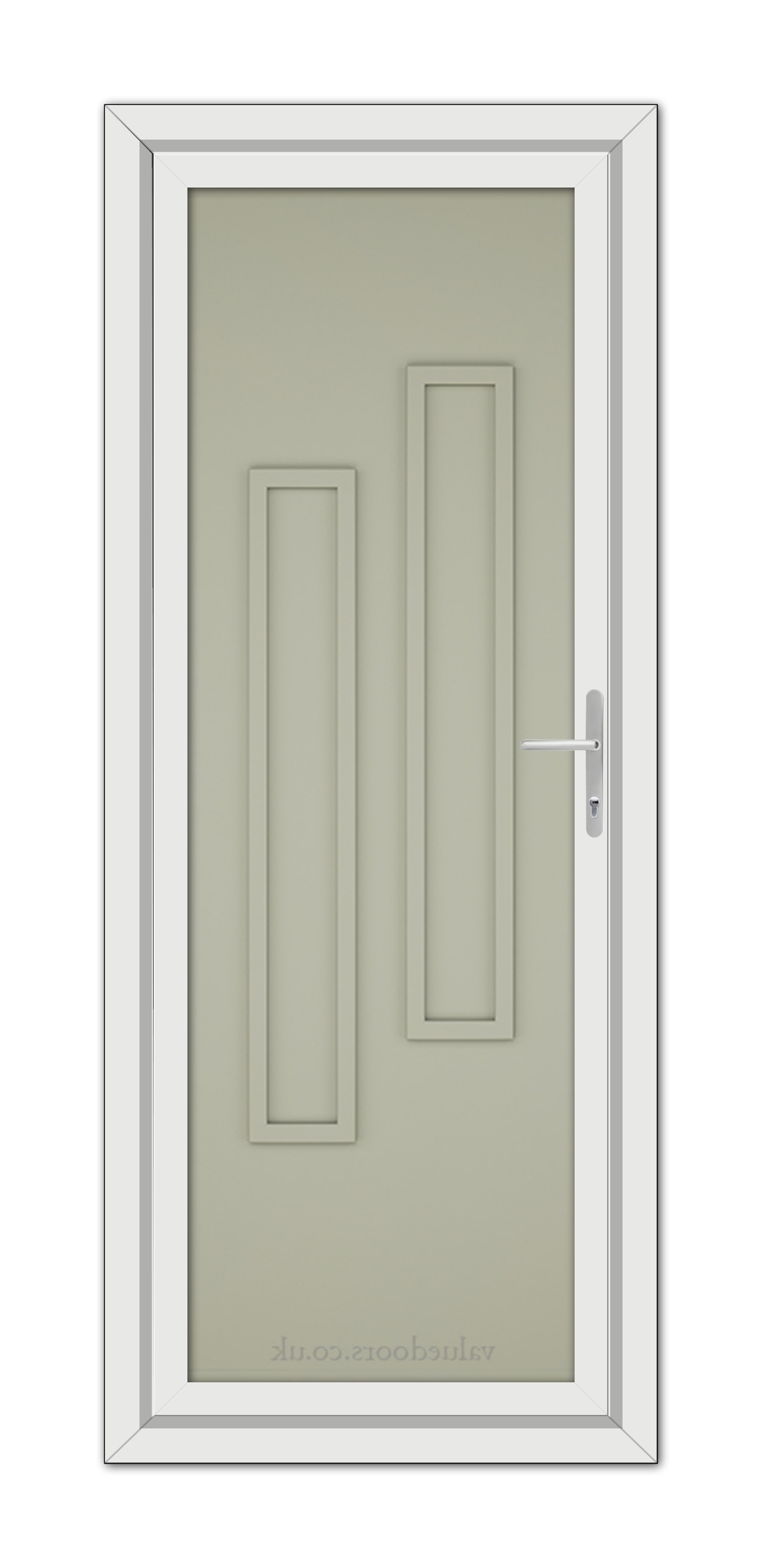 Corrected Sentence: An Agate Grey Modern 5082 Solid uPVC door with a white frame, featuring two vertical panels and a chrome handle, isolated on a white background.