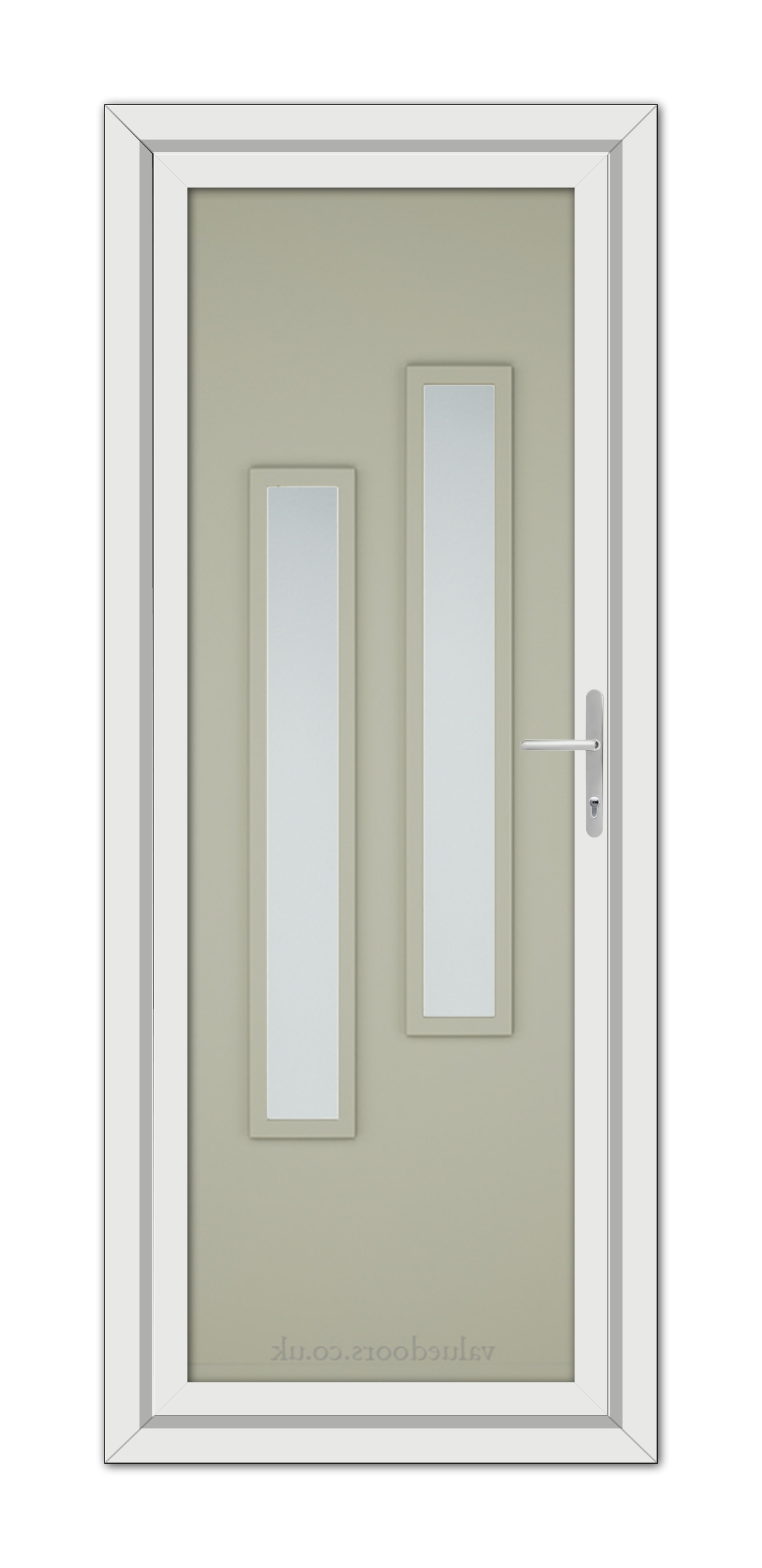 A Agate Grey Modern 5082 uPVC Door featuring a white frame and two vertical glass panels, equipped with a metallic handle on the right side.
