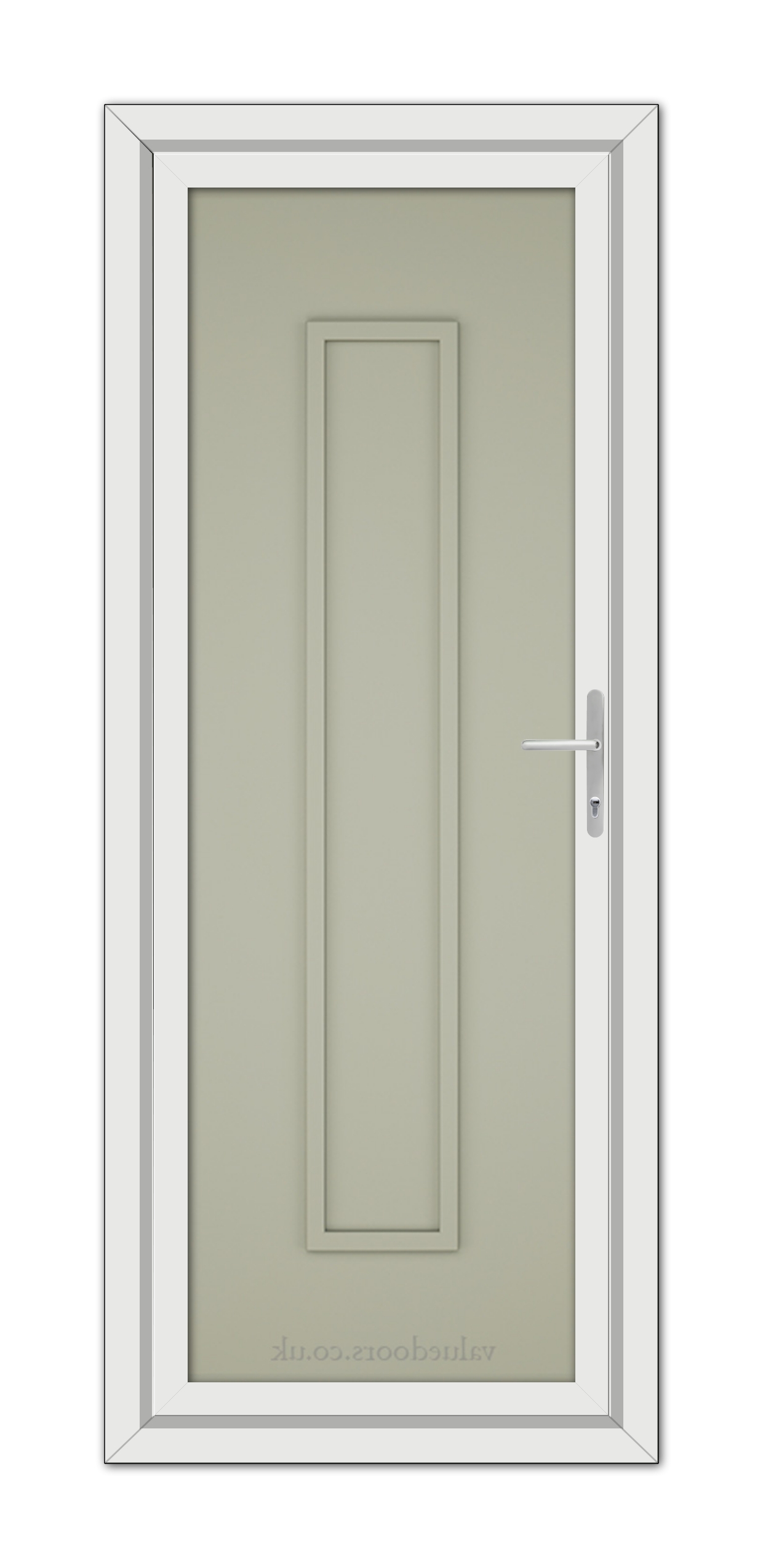 A Agate Grey Modern 5101 Solid uPVC Door with a vertical rectangular panel and a silver handle, set within a white frame.