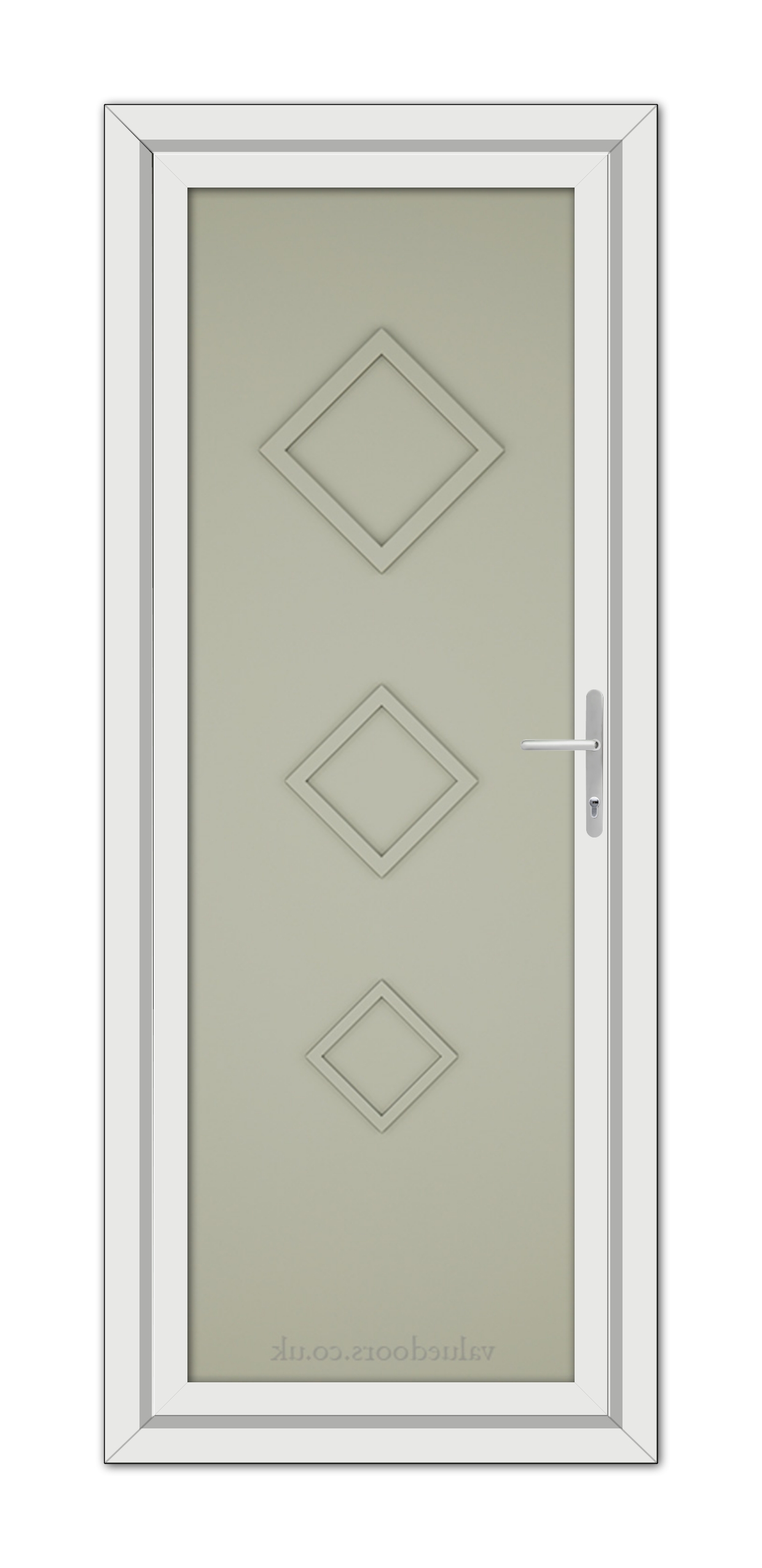 A Agate Grey Modern 5123 Solid uPVC door with three diamond-shaped window panels and a silver handle, framed by a white border.
