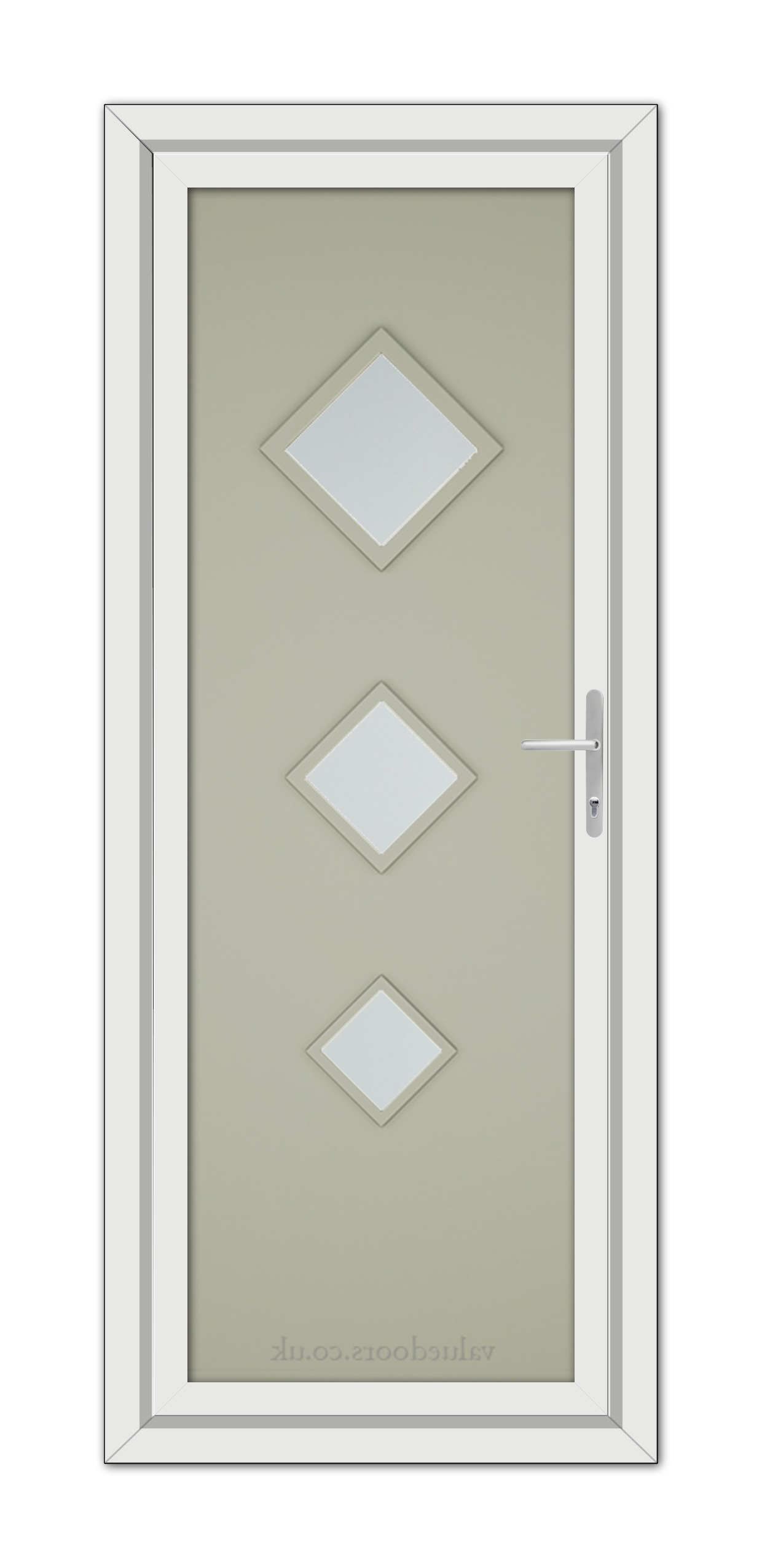 A vertical image of a closed Agate Grey Modern 5123 uPVC door with three diamond-shaped windows and a white handle, set in a white frame.