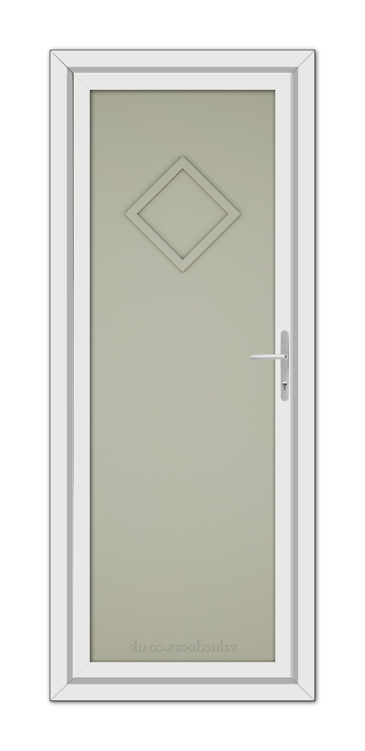 A vertical image of a closed Agate Grey Modern 5131 Solid uPVC door featuring a narrow frosted glass pane with a diamond-shaped design, framed by a white border with a chrome handle on the right side.