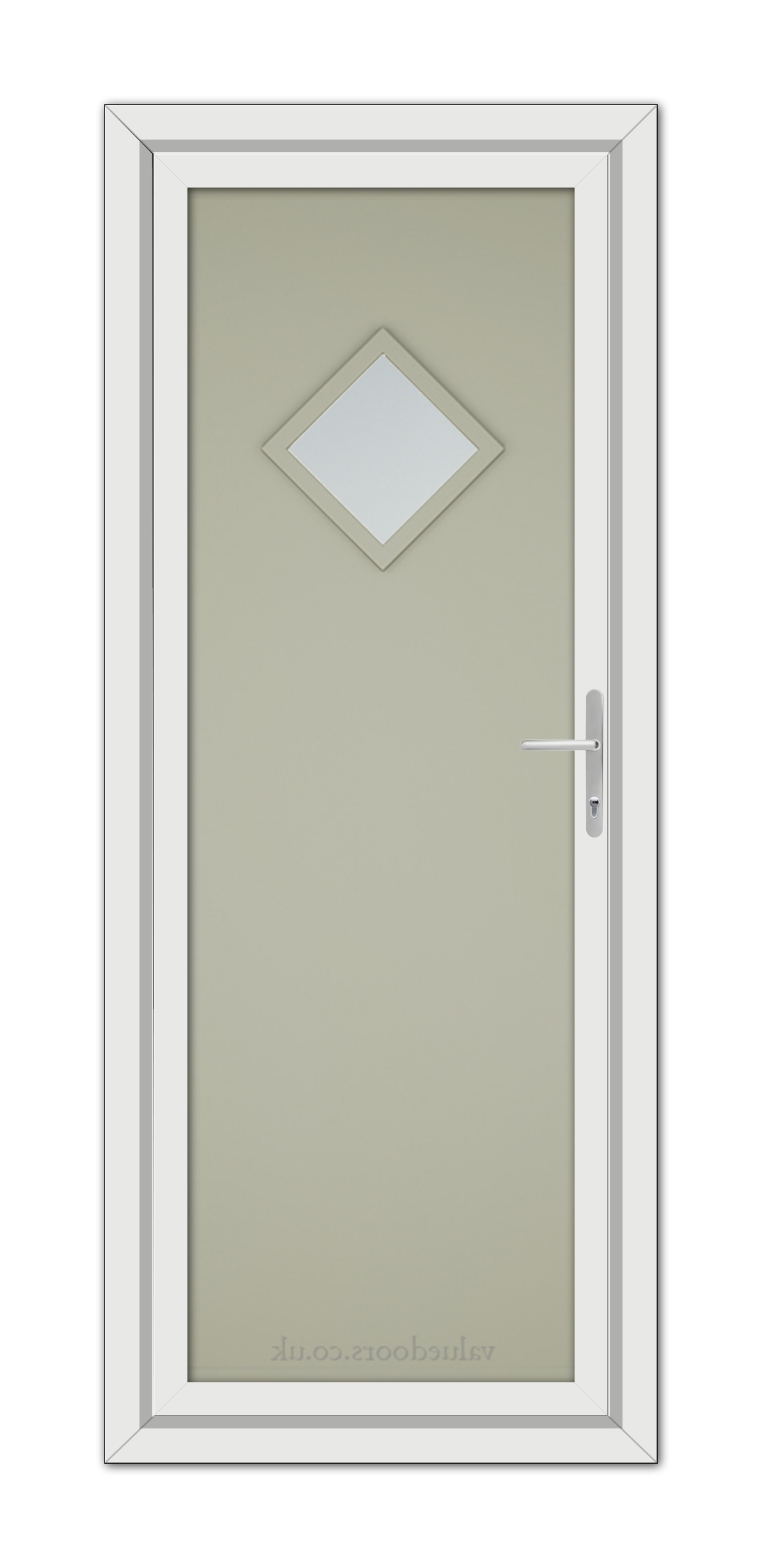 A Agate Grey Modern 5131 uPVC Door with a frosted glass panel featuring a small diamond-shaped clear glass window and a silver handle on the right side.