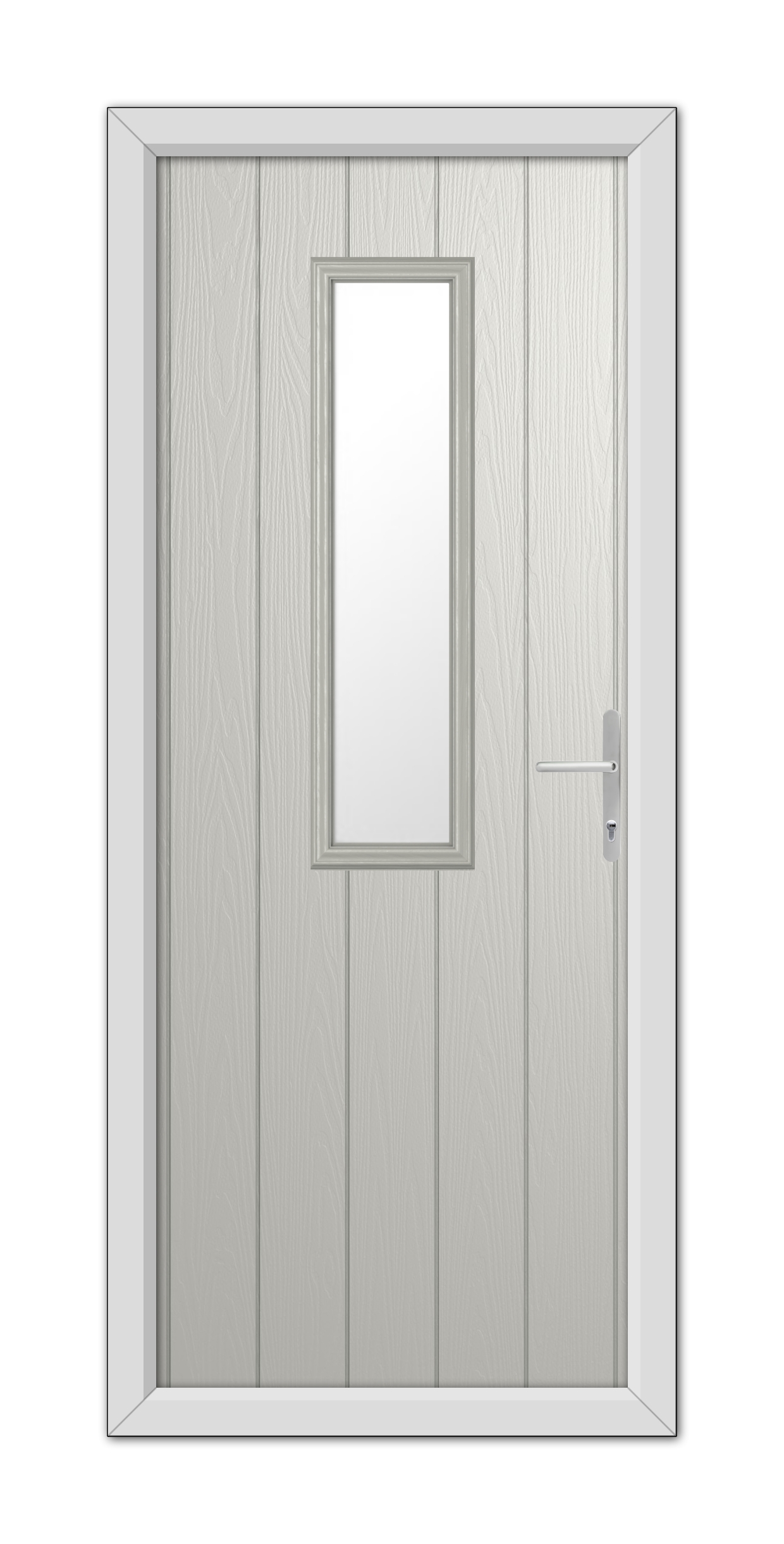 A modern Agate Grey Mowbray Composite Door 48mm Timber Core with a vertical rectangular window and a silver handle, set within a frame.