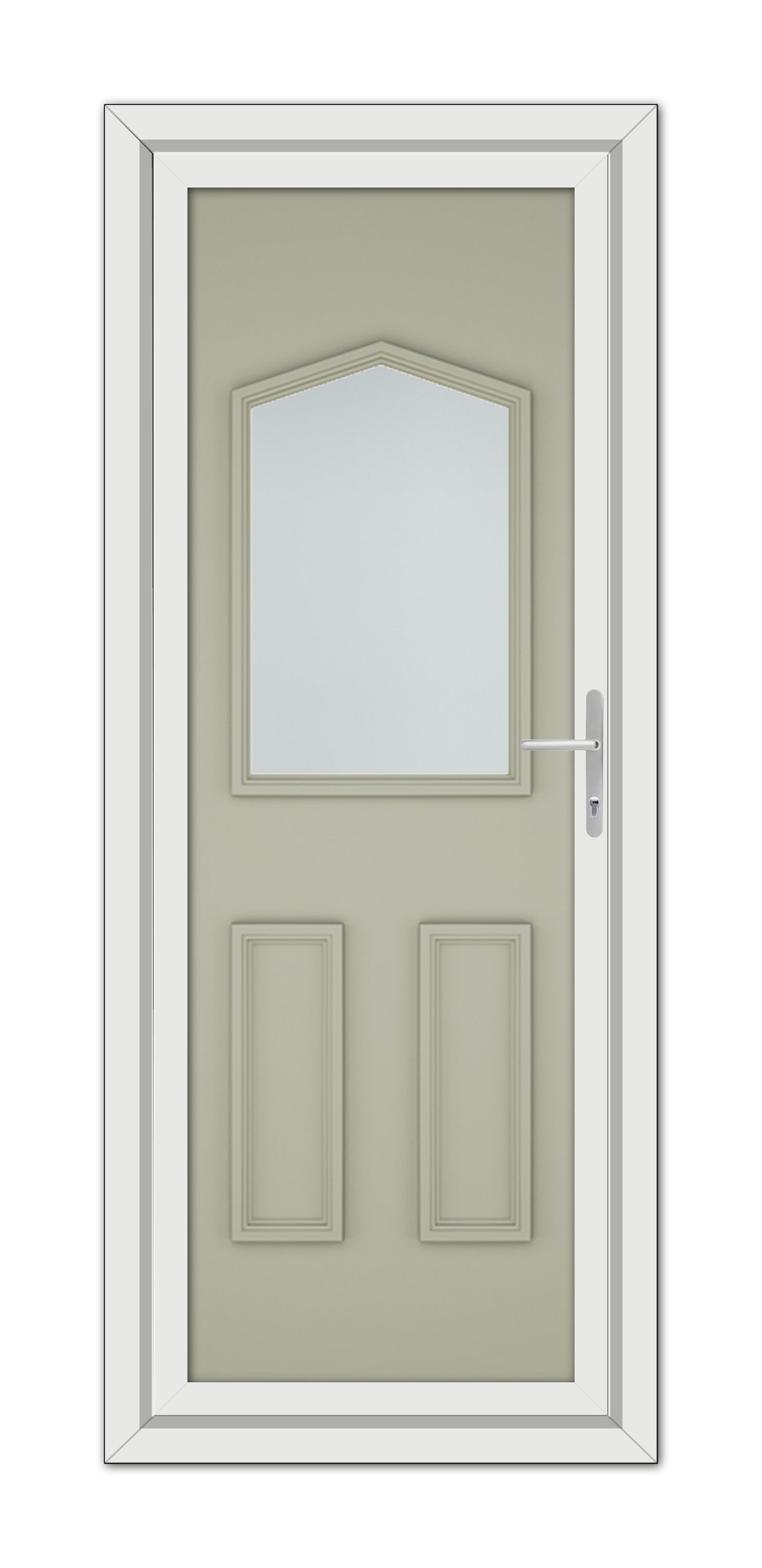 An Agate Grey Oxford uPVC door with a white frame, featuring an arched window at the top and two recessed panels below, equipped with a metallic handle on the right side.