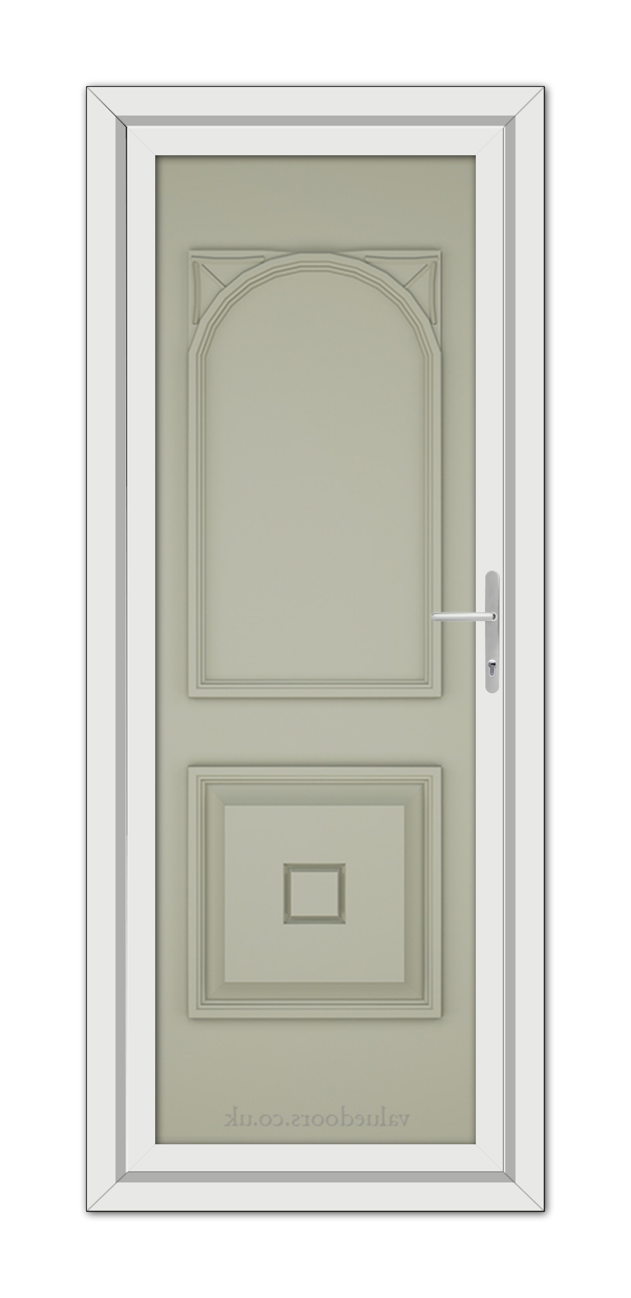 A vertical image of a Agate Grey Reims Solid uPVC Door with an arched upper panel, a square bottom panel, and a modern handle, set within a white frame.
