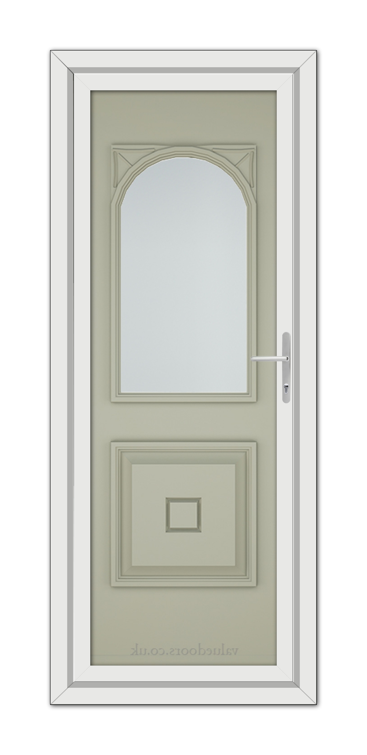 A vertical image of a closed Agate Grey Reims uPVC door with an arched mirror at the top and a metallic handle on the right side, set within a white frame.