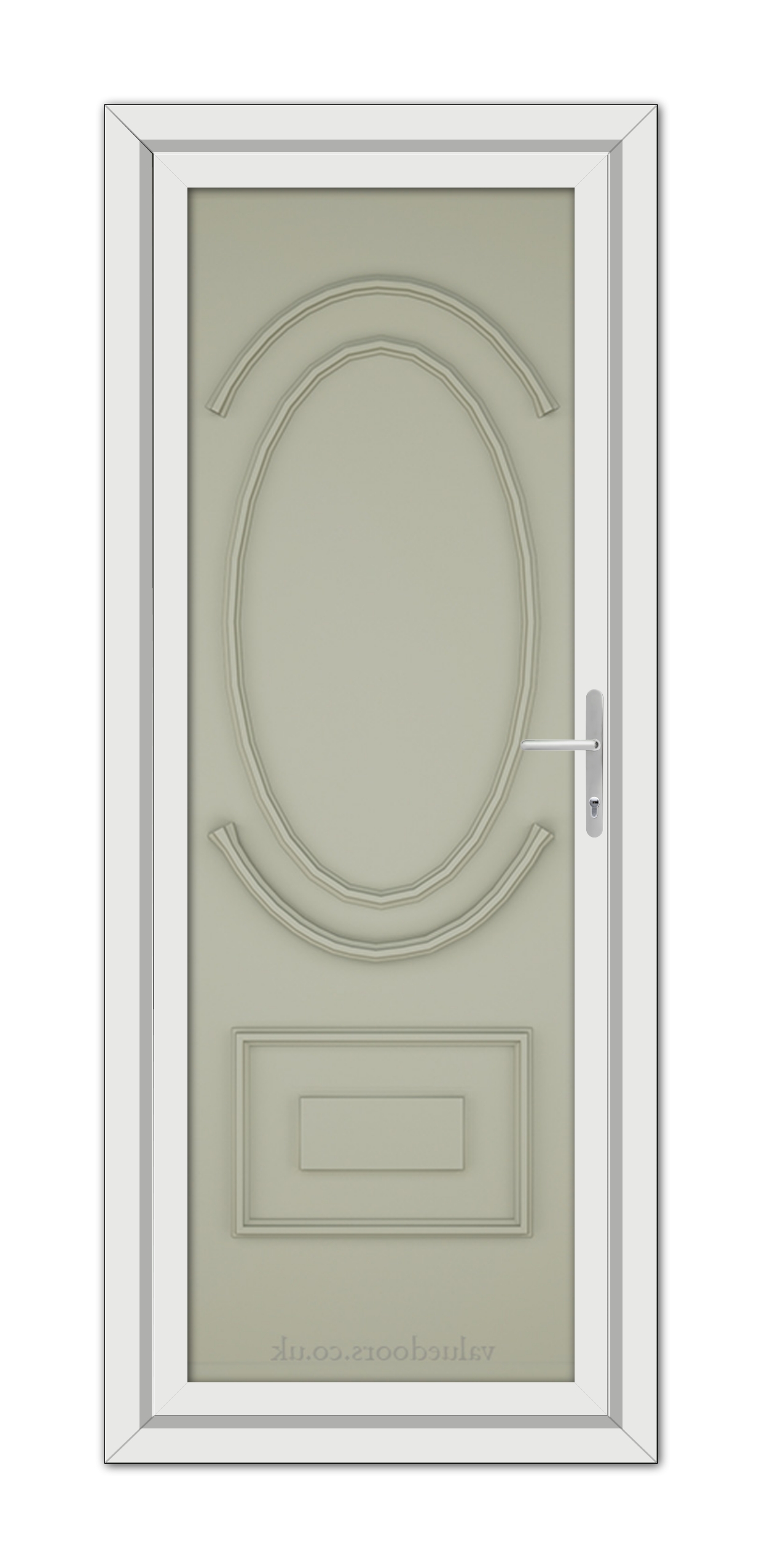 Agate Grey Richmond Solid uPVC Door with an oval glass window and a rectangular panel at the bottom, set within a white frame.