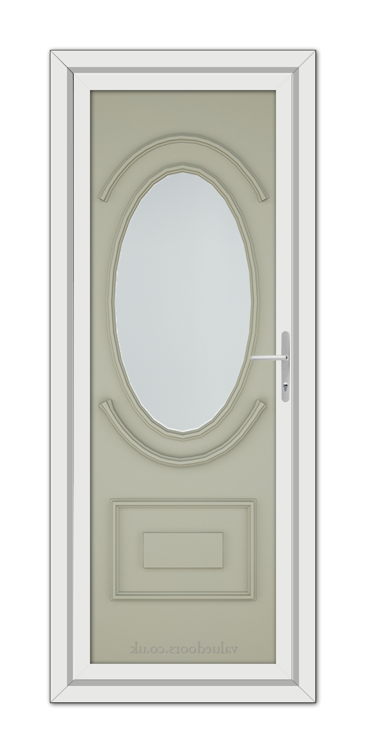 A modern Agate Grey Richmond uPVC door with an oval-shaped glass panel and a metal handle, set within a white frame.