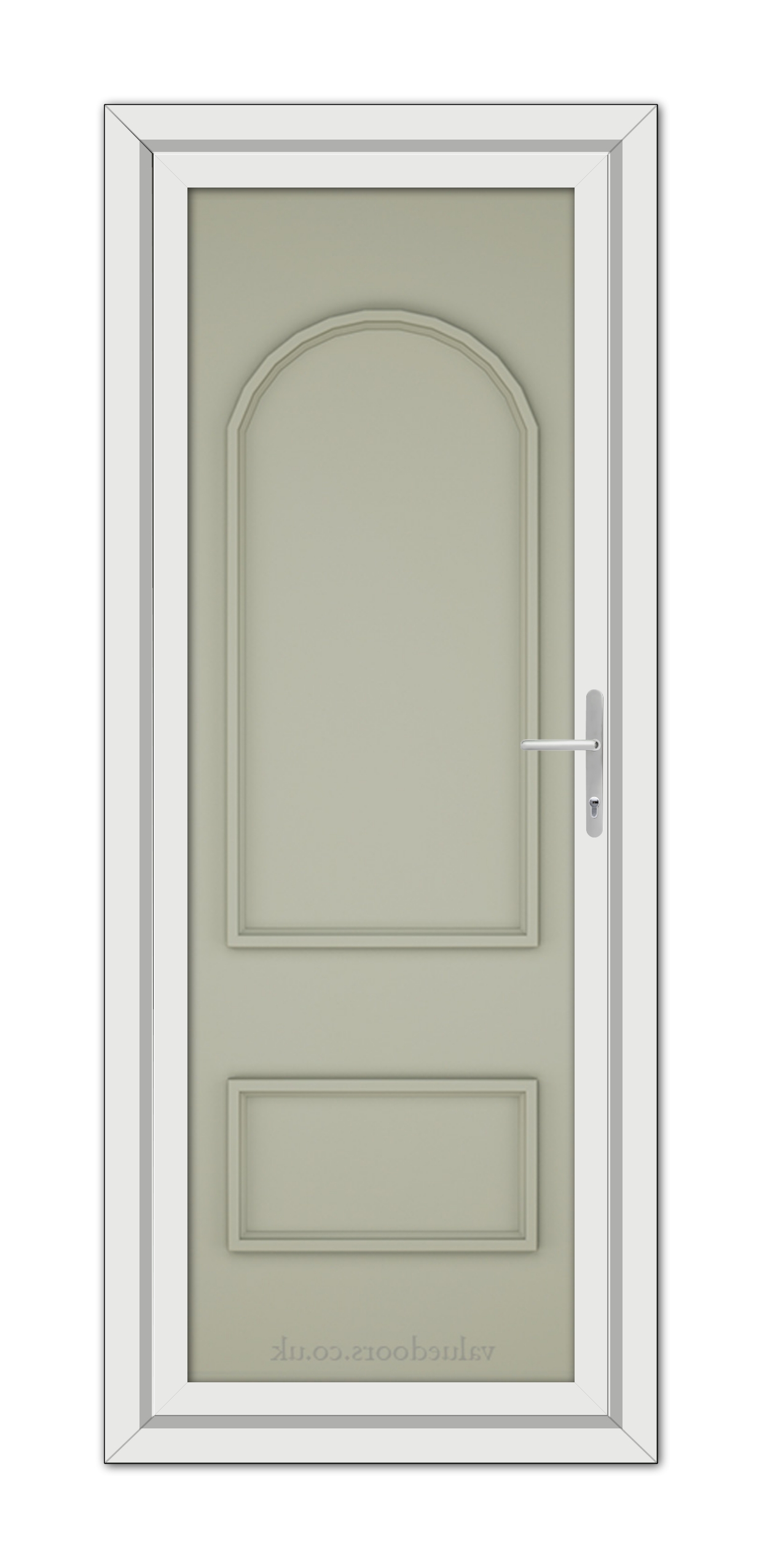 A vertical image of an Agate Grey Rockingham Solid uPVC door with a silver handle, set within a white door frame. The door features a simple, elegant panel design.