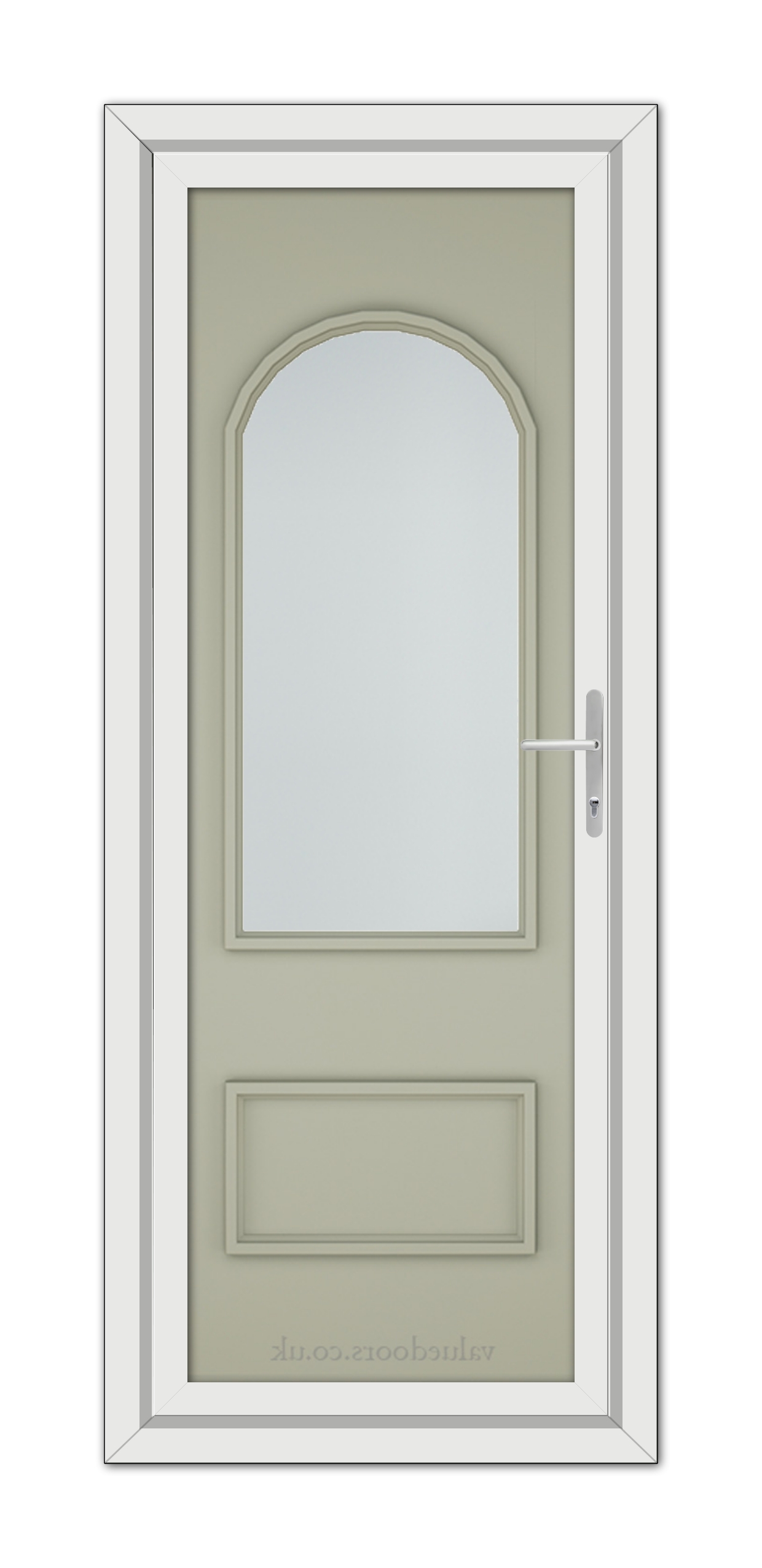 A vertical image of a modern, Agate Grey Rockingham uPVC door with an arched window at the top and a silver handle on the right.