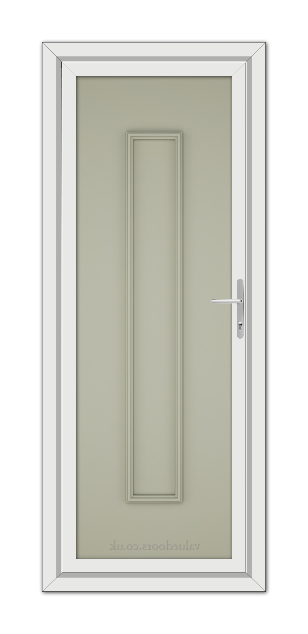 A vertical image of an Agate Grey Rome Solid uPVC Door with a long, centered rectangular panel and a silver handle, set within a white frame.