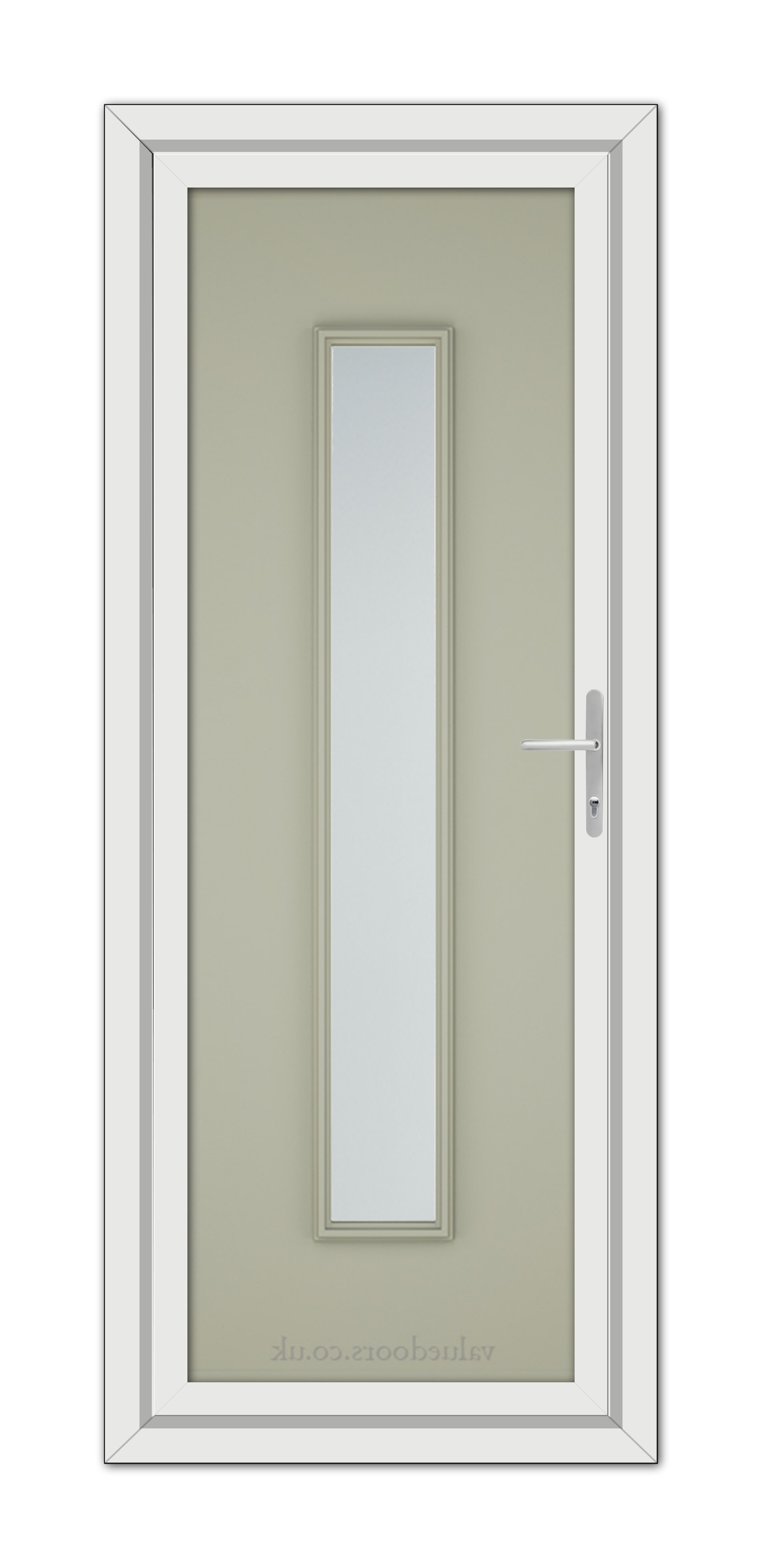 Vertical image of a Agate Grey Rome uPVC Door with a long, narrow window and a handle on the right side, set within a white frame.