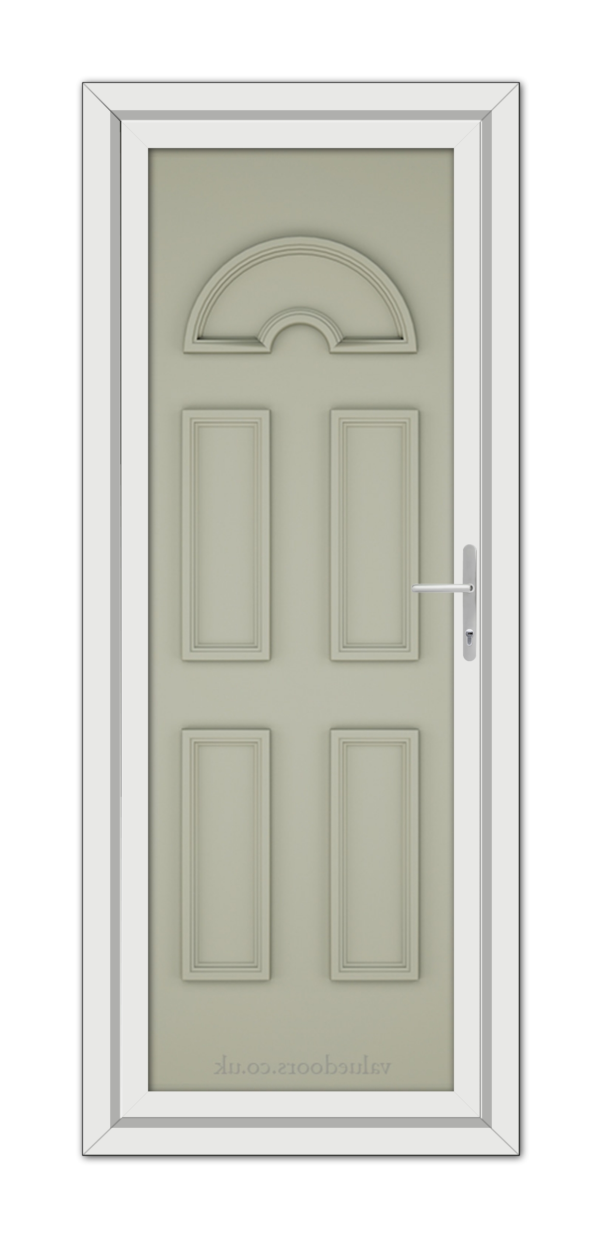 A Agate grey, vertical, six-panel door with a semicircular transom window and a white handle, set within a white frame.