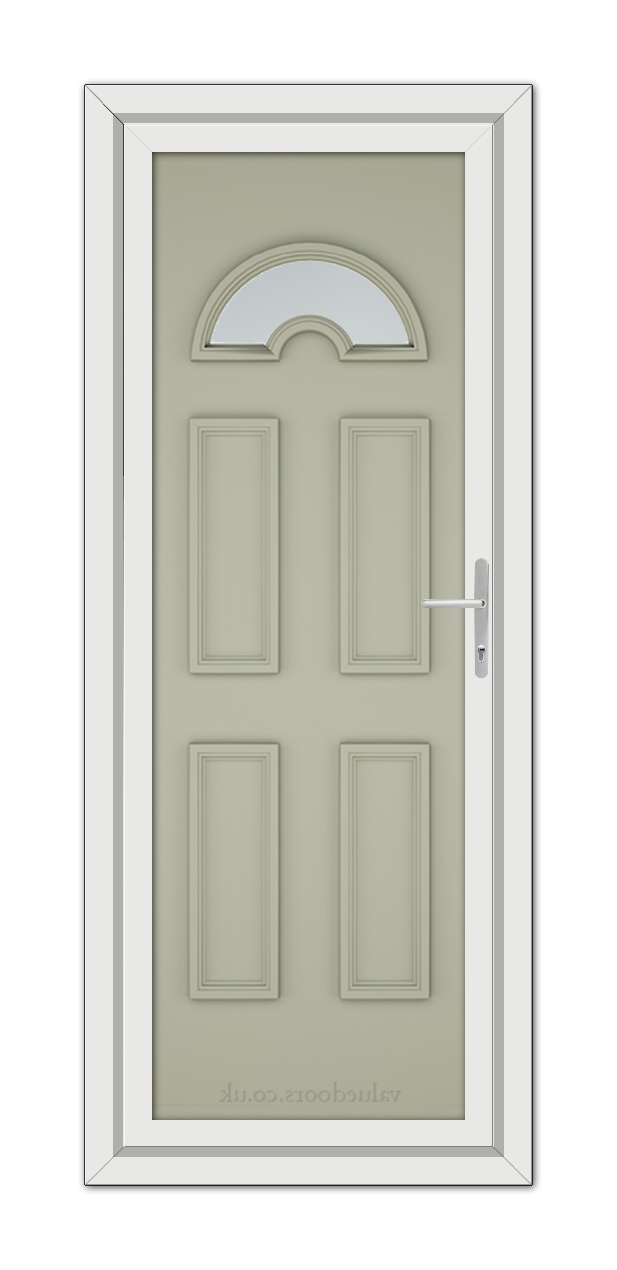 A vertical image of a closed, Agate Grey Sandringham uPVC front door with a half-moon window at the top and a metal handle on the right side, set in a white frame.