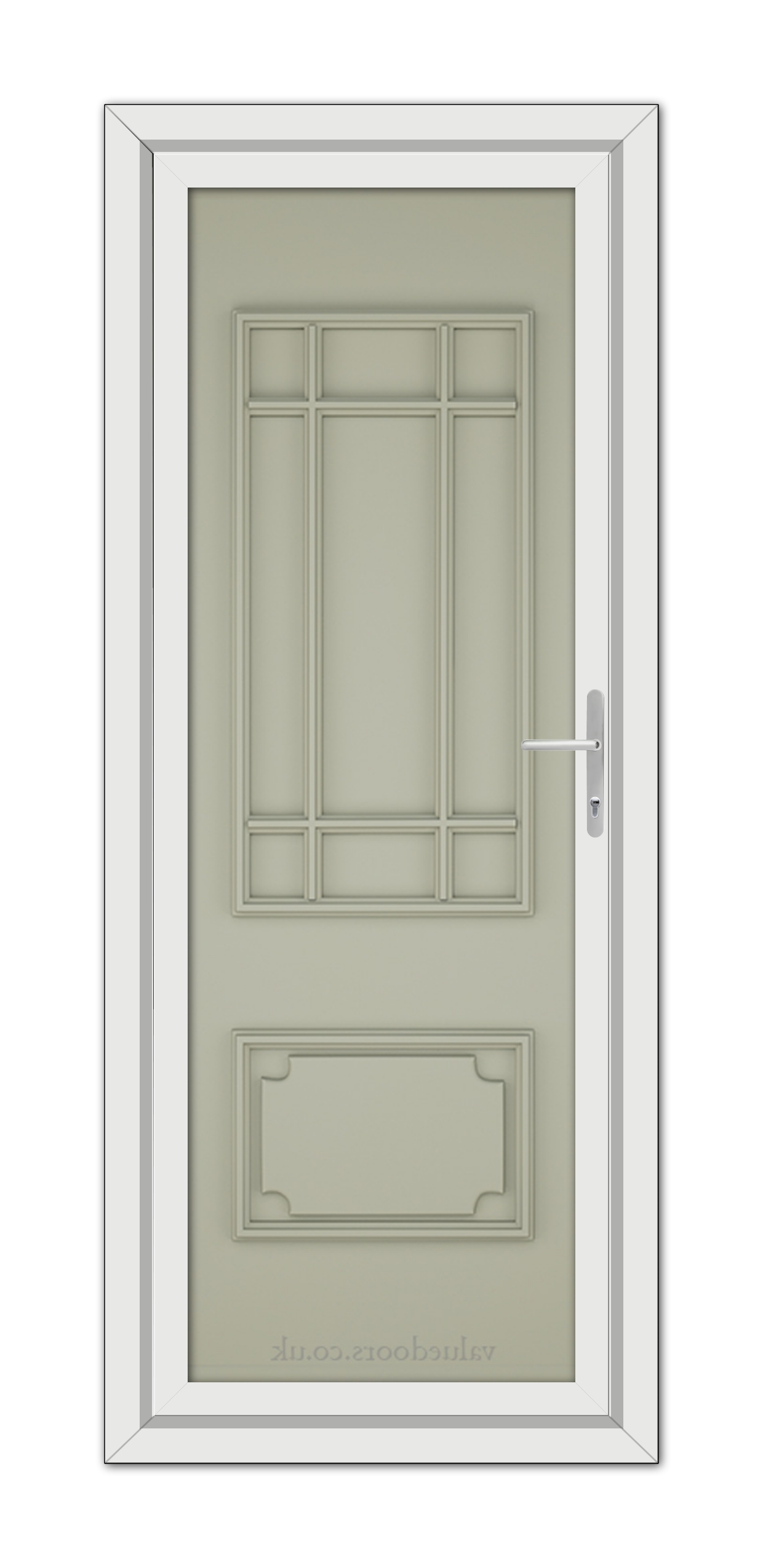 A vertical image of a closed, Agate Grey Seville Solid uPVC Door with a rectangular window design and a modern handle, in a white frame.