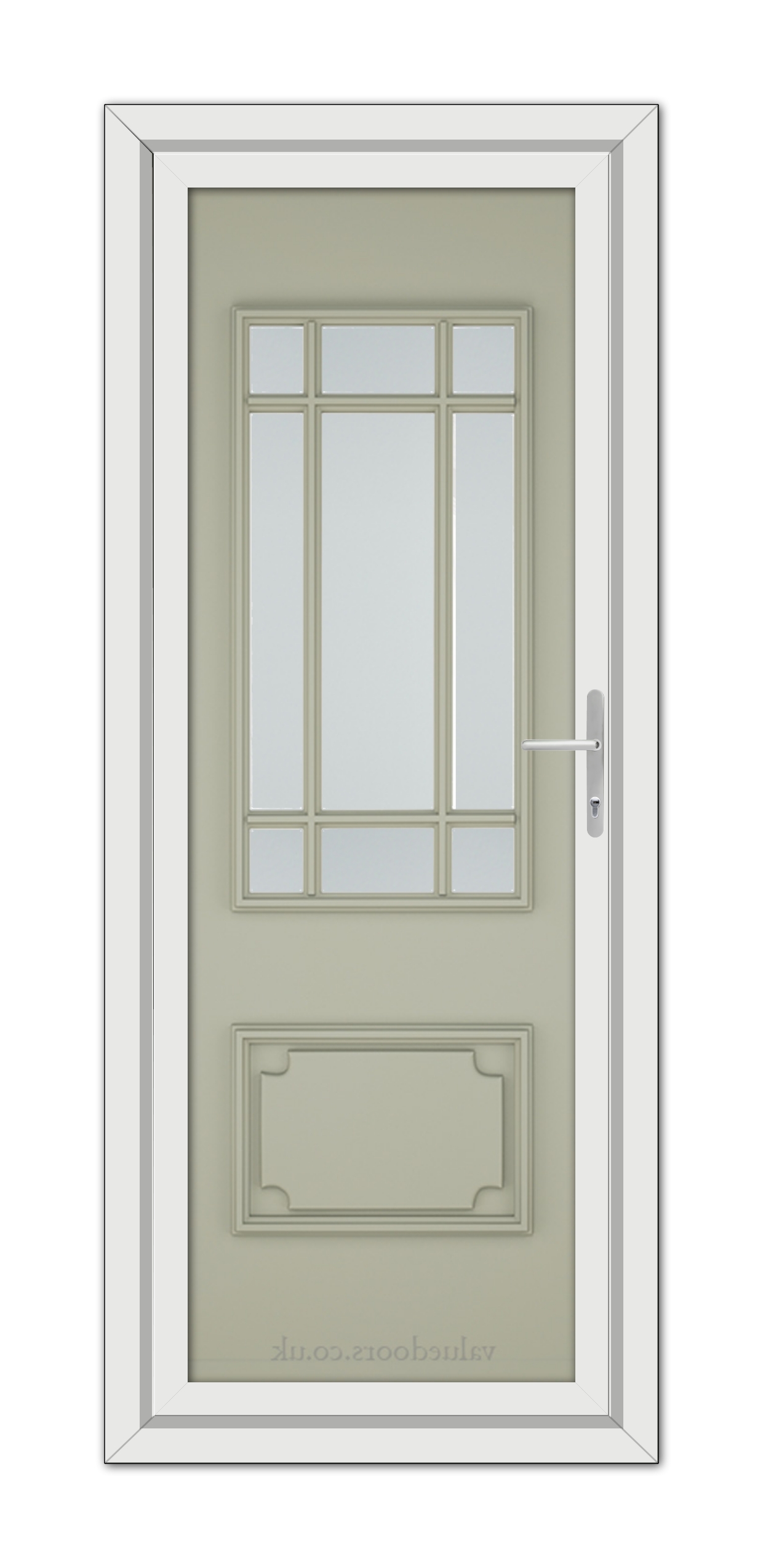 Agate Grey Seville uPVC Door with a white frame, featuring a rectangular glass window with a grid design at the top and a panel design at the bottom.