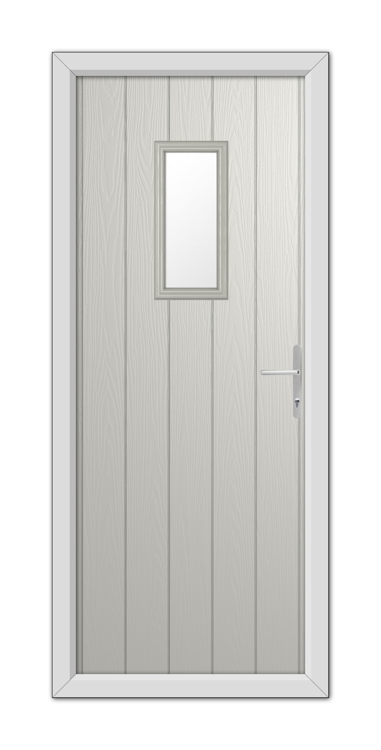A modern, Agate Grey Somerset Composite Door 48mm Timber Core with a small square window and a metallic handle, set within a simple frame.