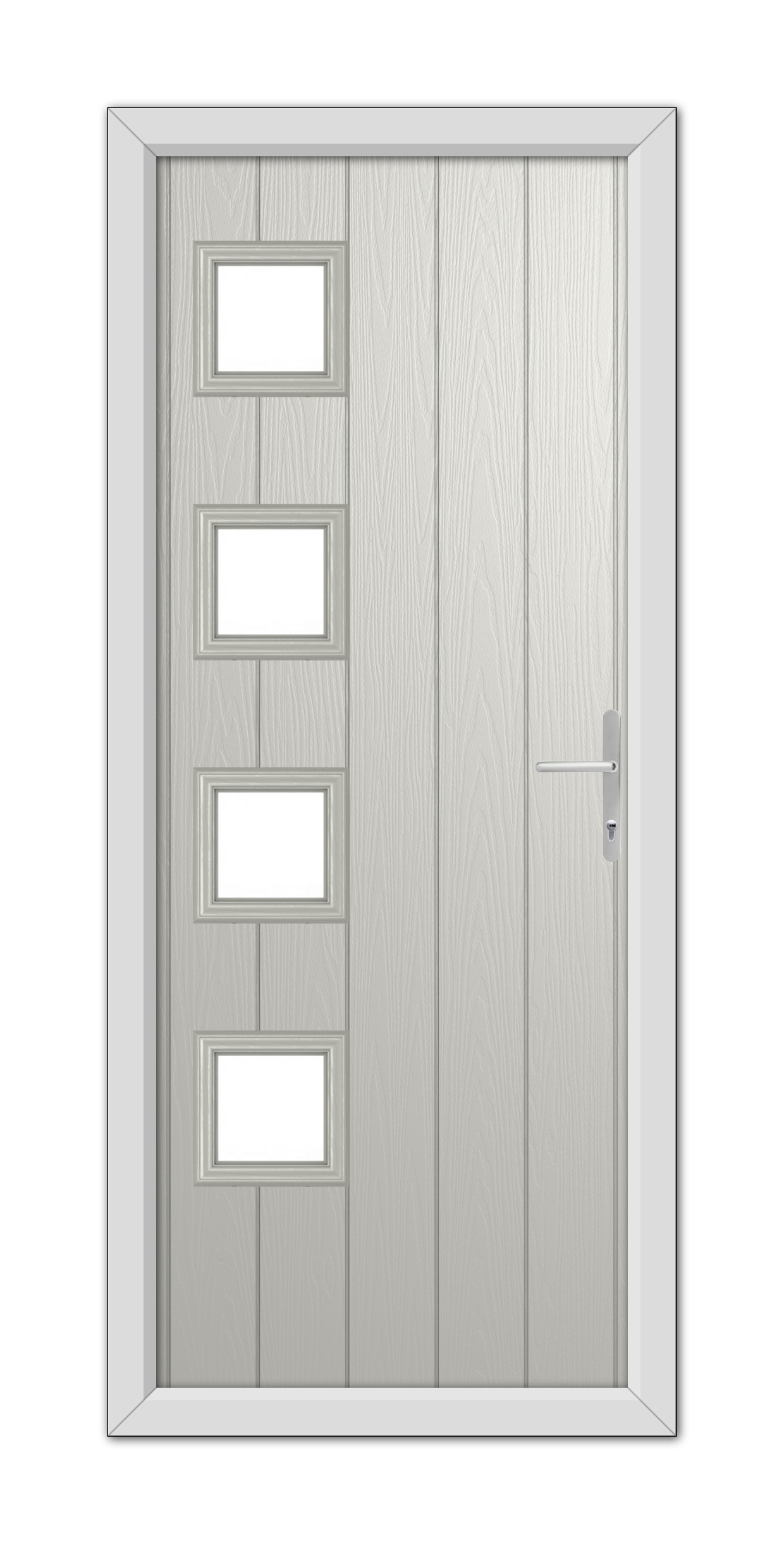 A modern Agate Grey Sussex Composite Door 48mm Timber Core with four rectangular glass panels aligned vertically on the left side and a metallic handle on the right.