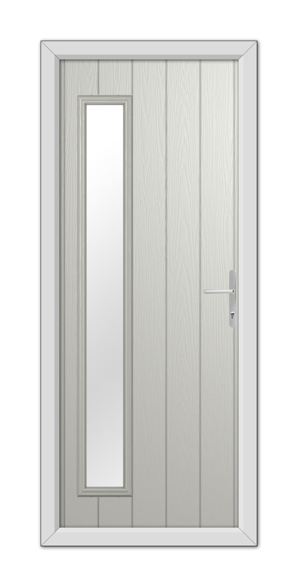 A Agate Grey Sutherland Composite Door 48mm Timber Core featuring a vertical, rectangular glass panel positioned towards the left and a metallic handle on the right.