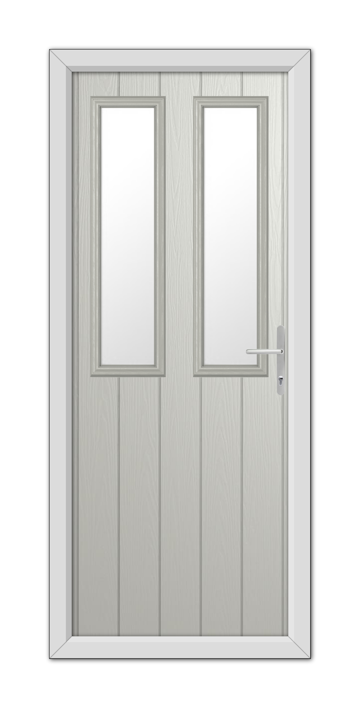 Double door with a modern design featuring a light wood finish and two vertical glass panels, equipped with a metal handle on the Agate Grey Wellington Composite Door 48mm Timber Core.