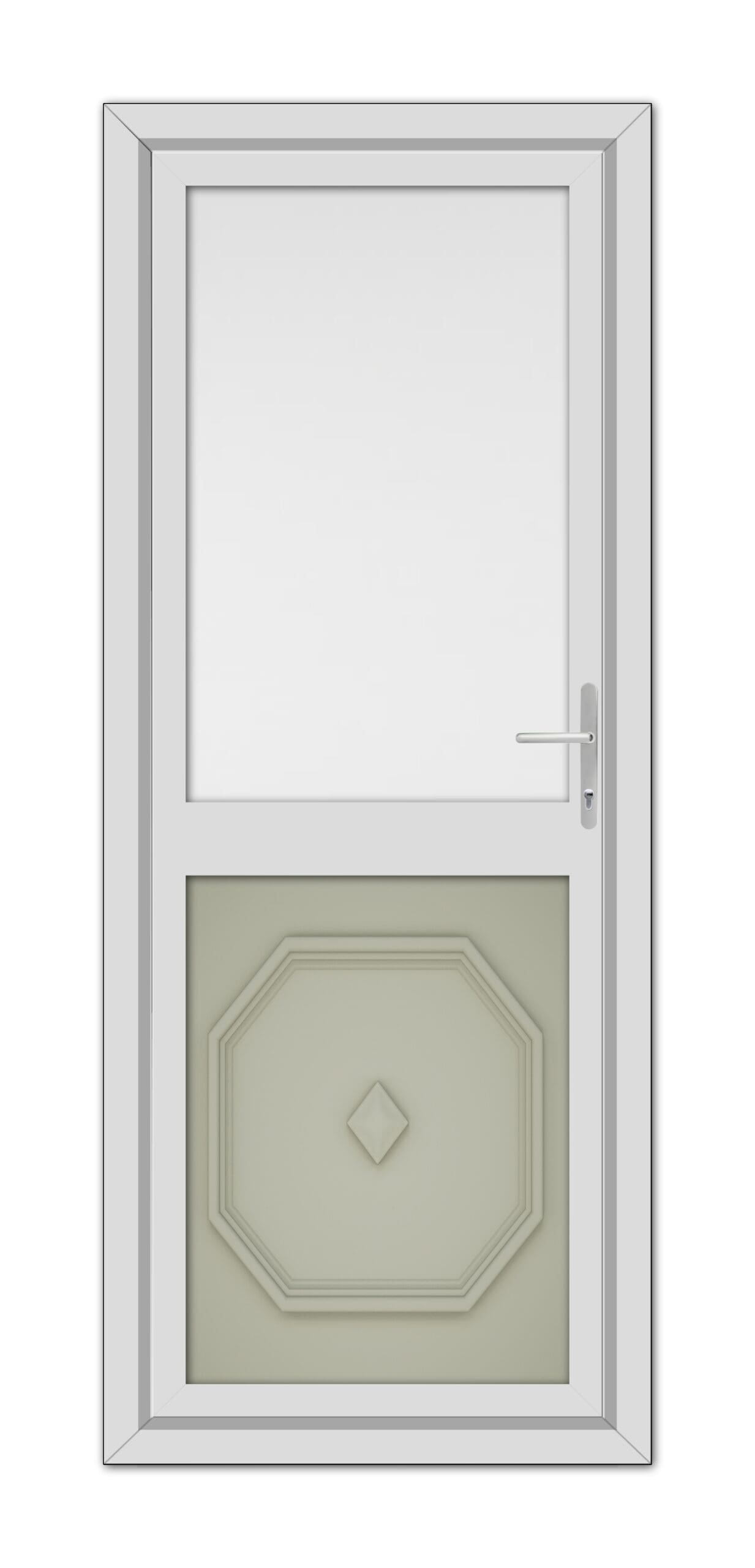 A modern Agate Grey Westminster Half uPVC Back Door with a geometric panel design at the bottom and a small square window at the top, set within a simple frame.
