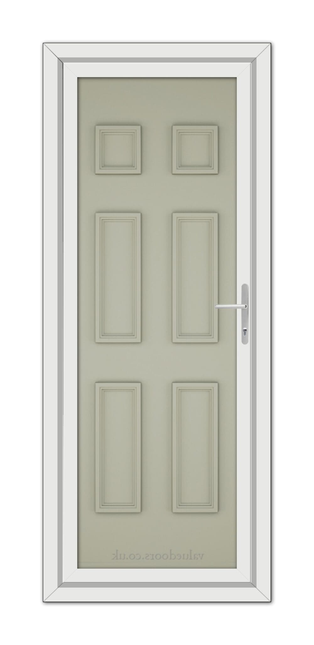 A modern pale Agate Grey Windsor Solid uPVC Door featuring six raised panels and a sleek silver handle, set within a white door frame.