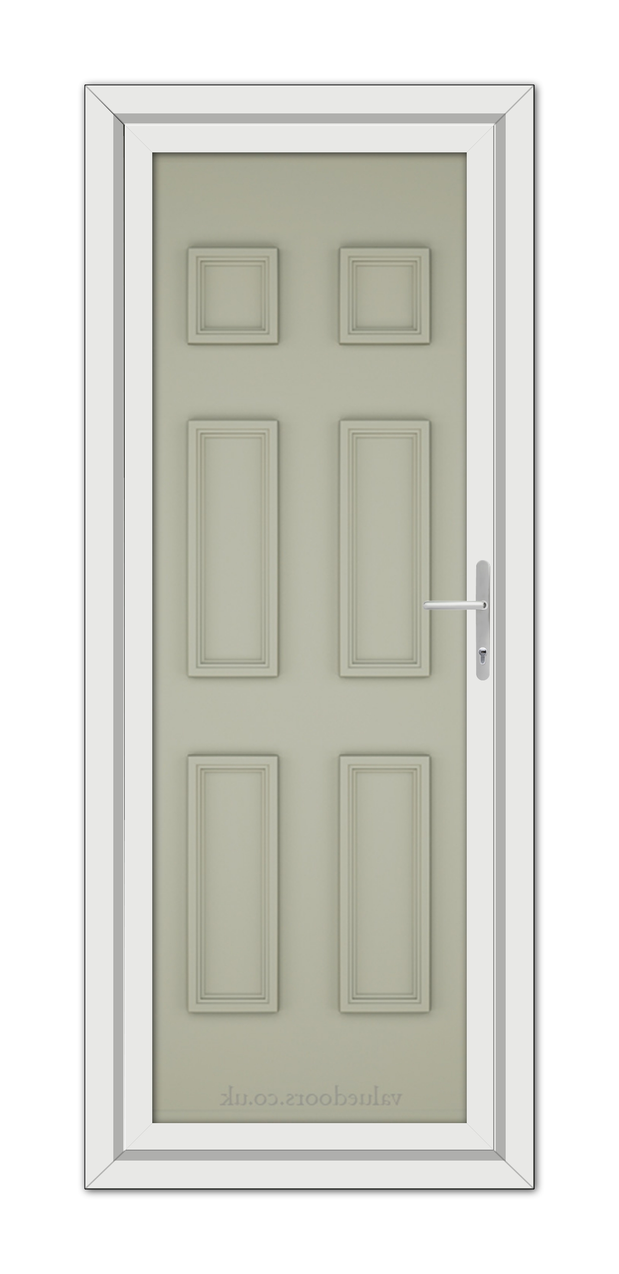 A modern pale Agate Grey Windsor Solid uPVC Door featuring six raised panels and a sleek silver handle, set within a white door frame.