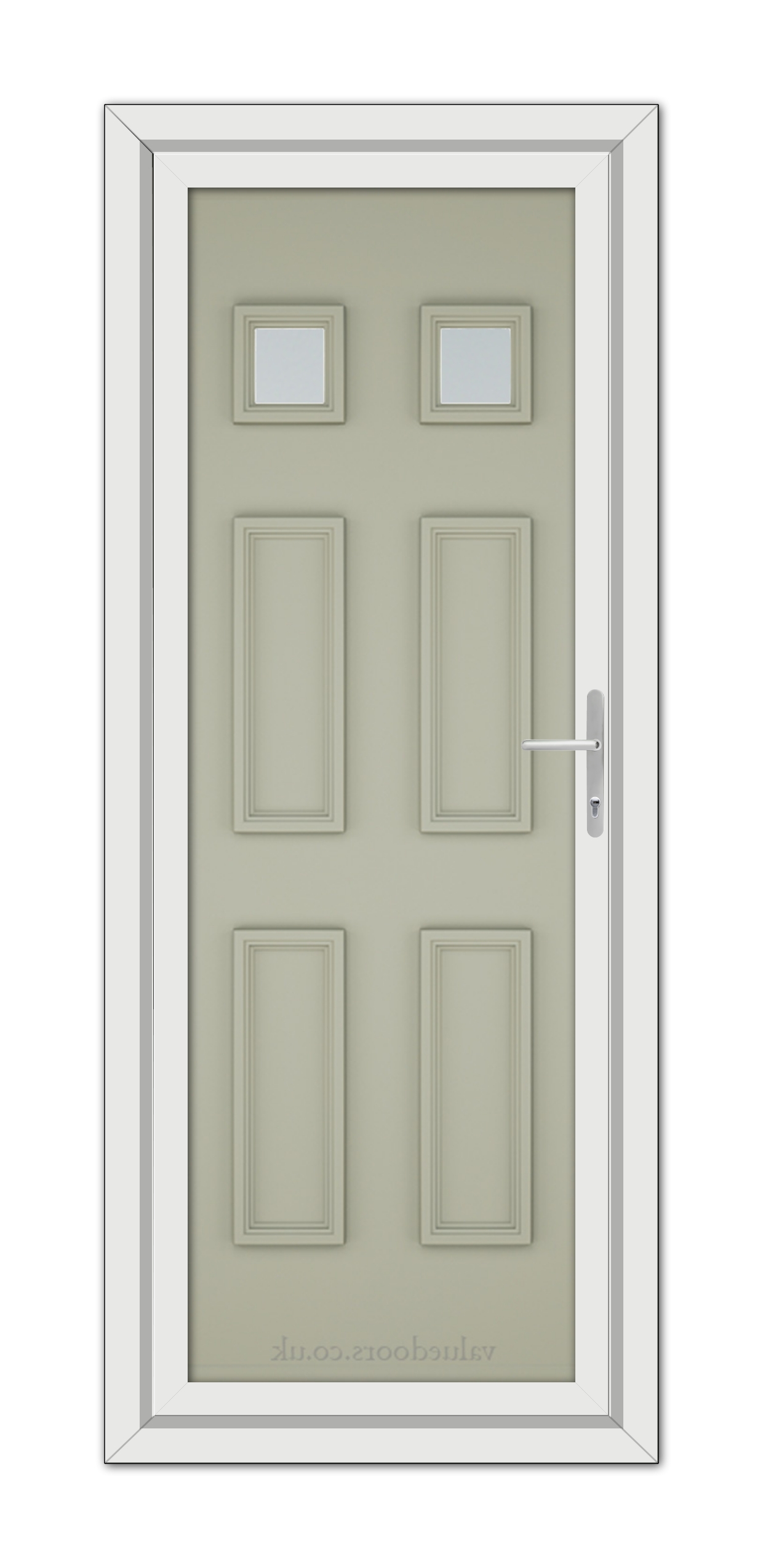 A Agate Grey Windsor uPVC Door with a metallic handle on the right side, set within a white frame, viewed from the front.
