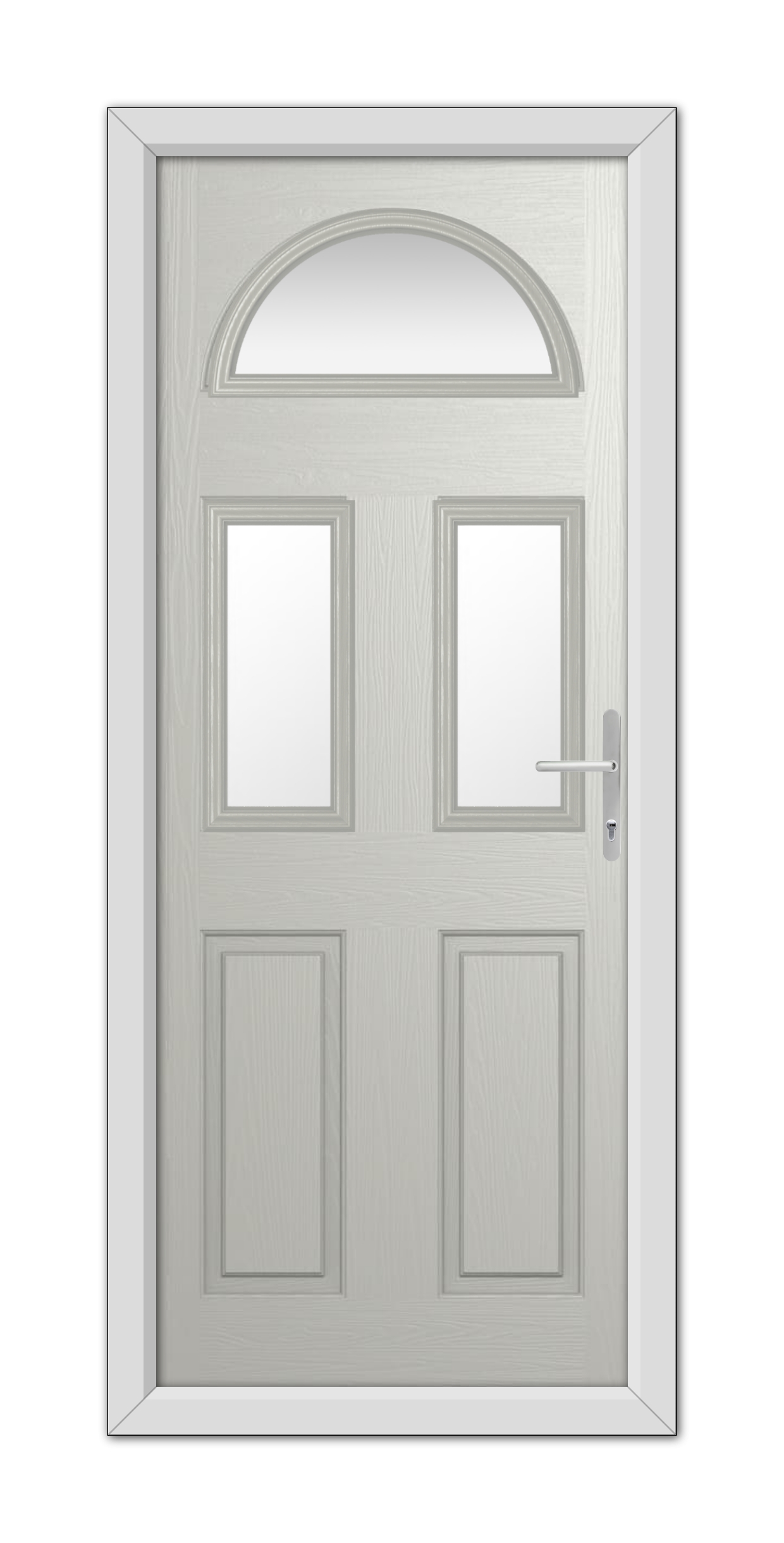 A modern Agate Grey Winslow 3 Composite Door 48mm Timber Core featuring an arched window at the top and four recessed panels, equipped with a metallic handle on the right side.