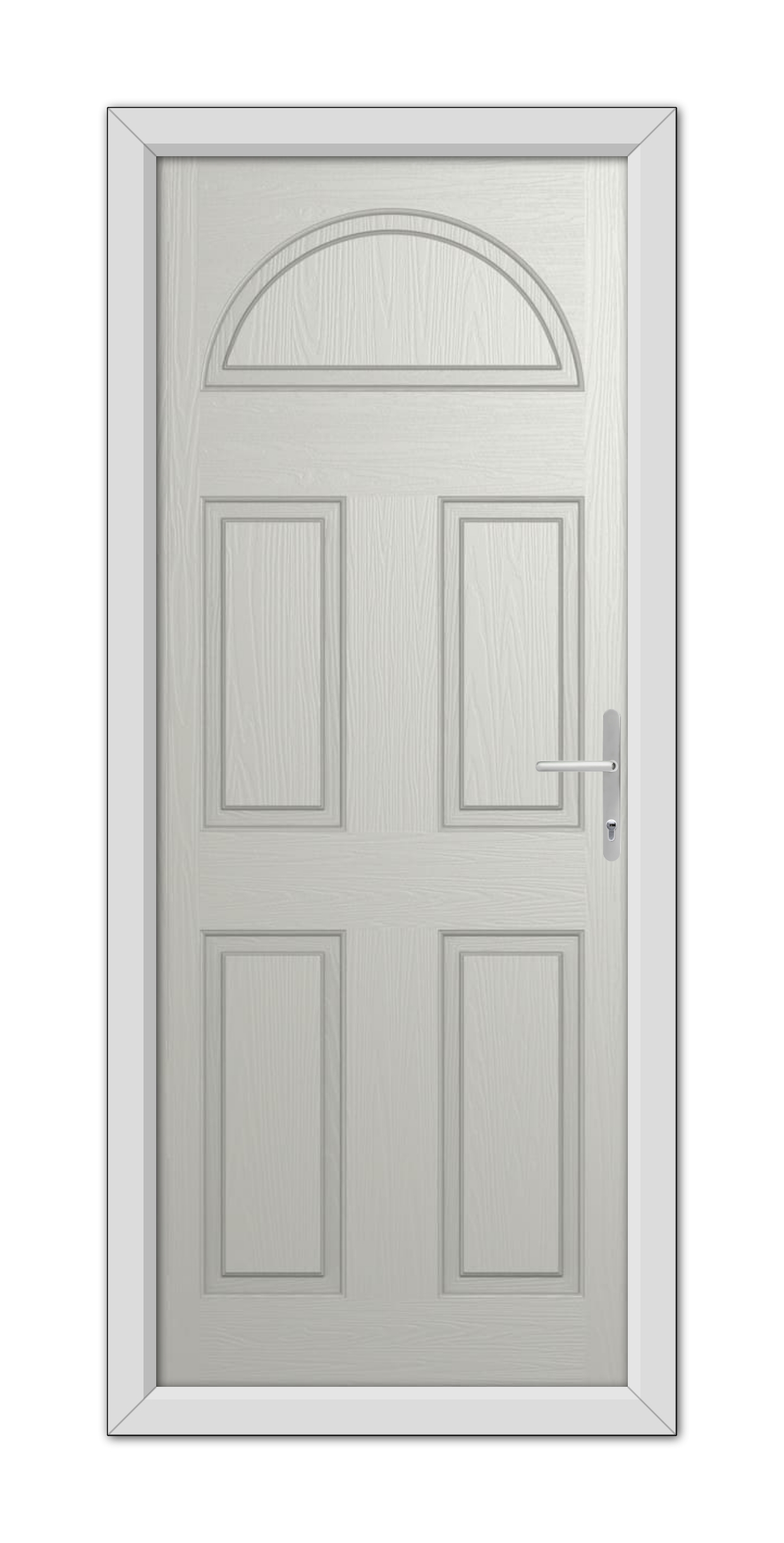 A closed Agate Grey Winslow Solid Composite door with an arched window at the top, set in a simple frame, featuring a modern handle.