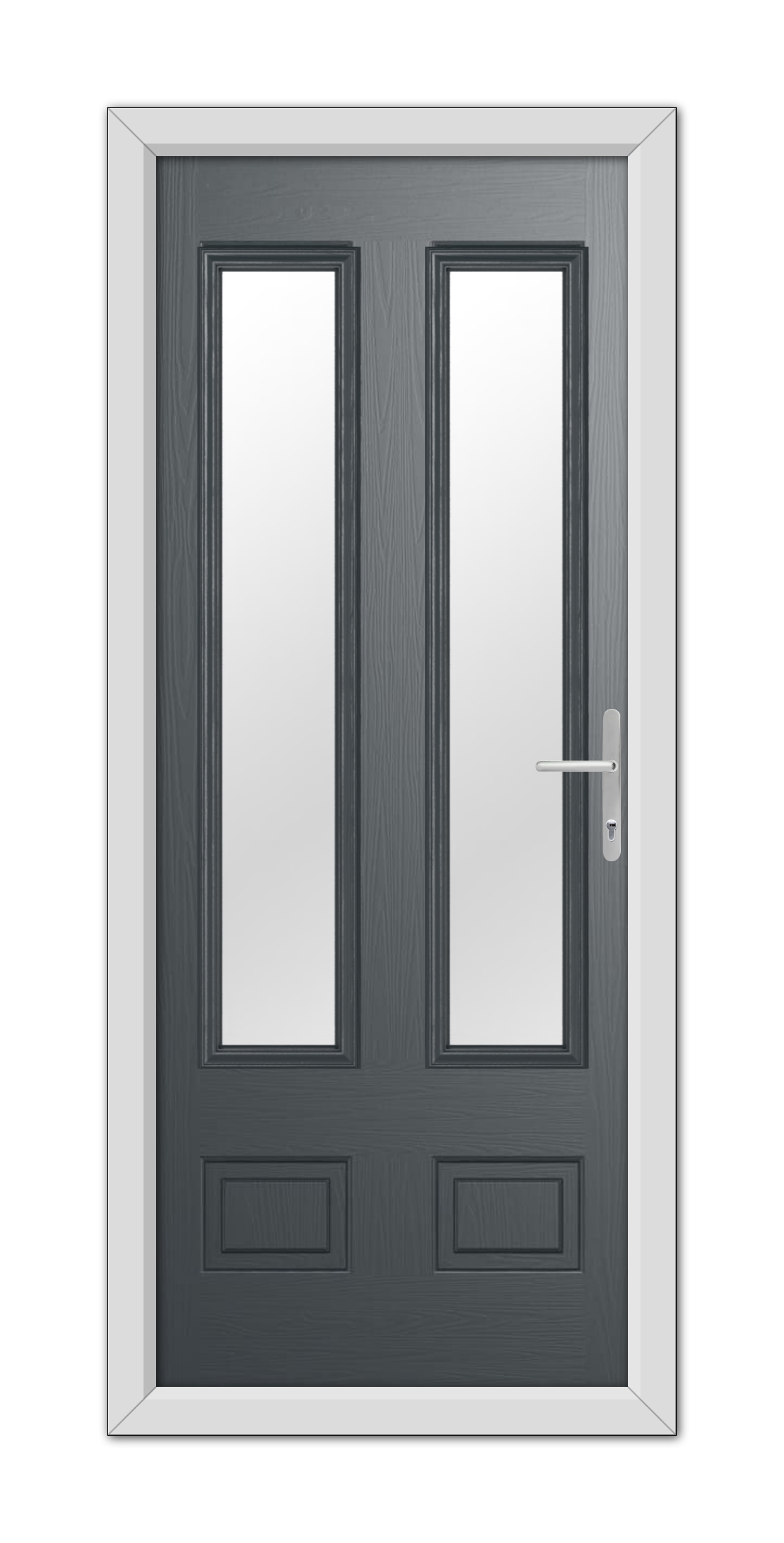 Double door with a modern design, featuring vertical rectangular windows and a handle on the right door, all set within a white frame. Anthracite Grey Aston Glazed 2 Composite Door 48mm Timber Core