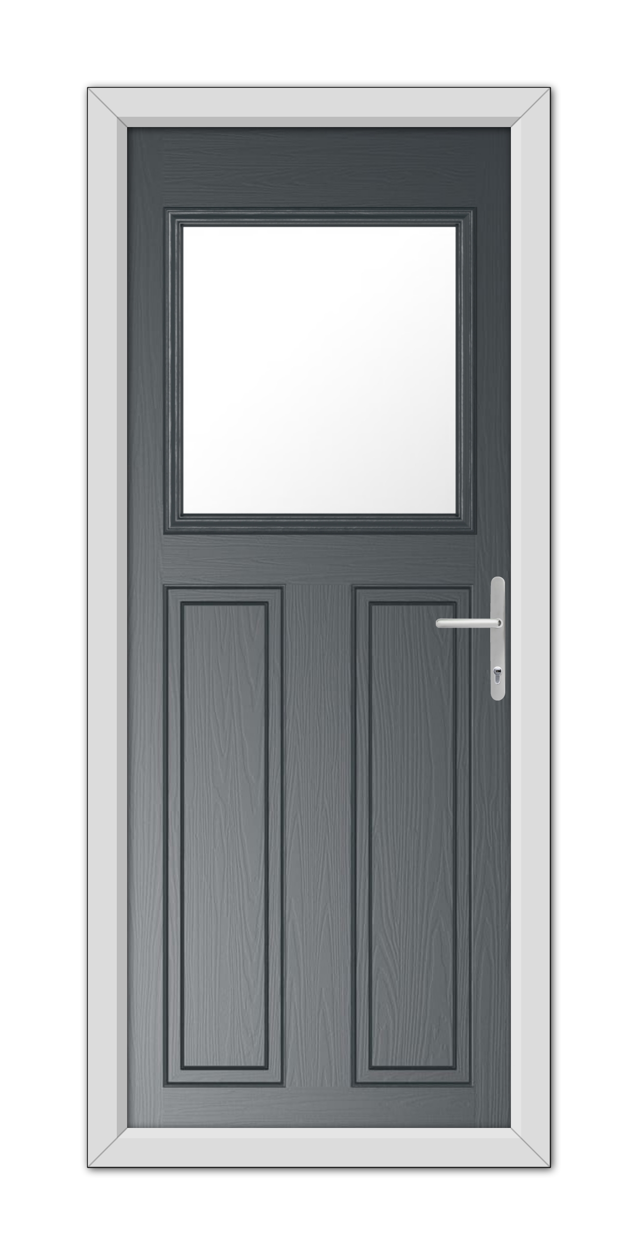 A modern Anthracite Grey Axwell Composite Door 48mm Timber Core featuring a small rectangular window at the top and a stainless steel handle on the right side, set within a white frame.