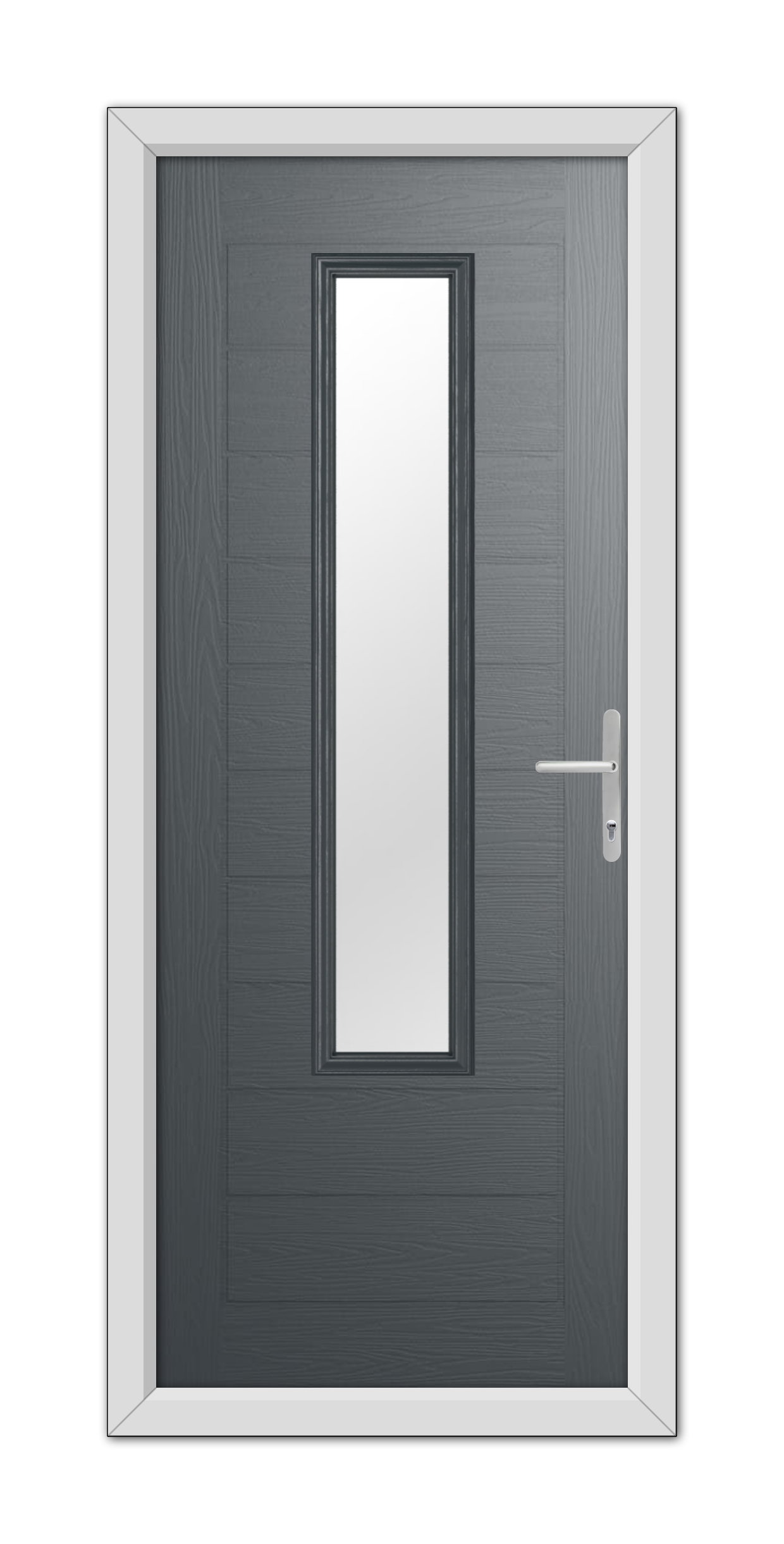 A modern Anthracite Grey Bedford Composite door with a vertical rectangular window and a silver handle, set within a white door frame.