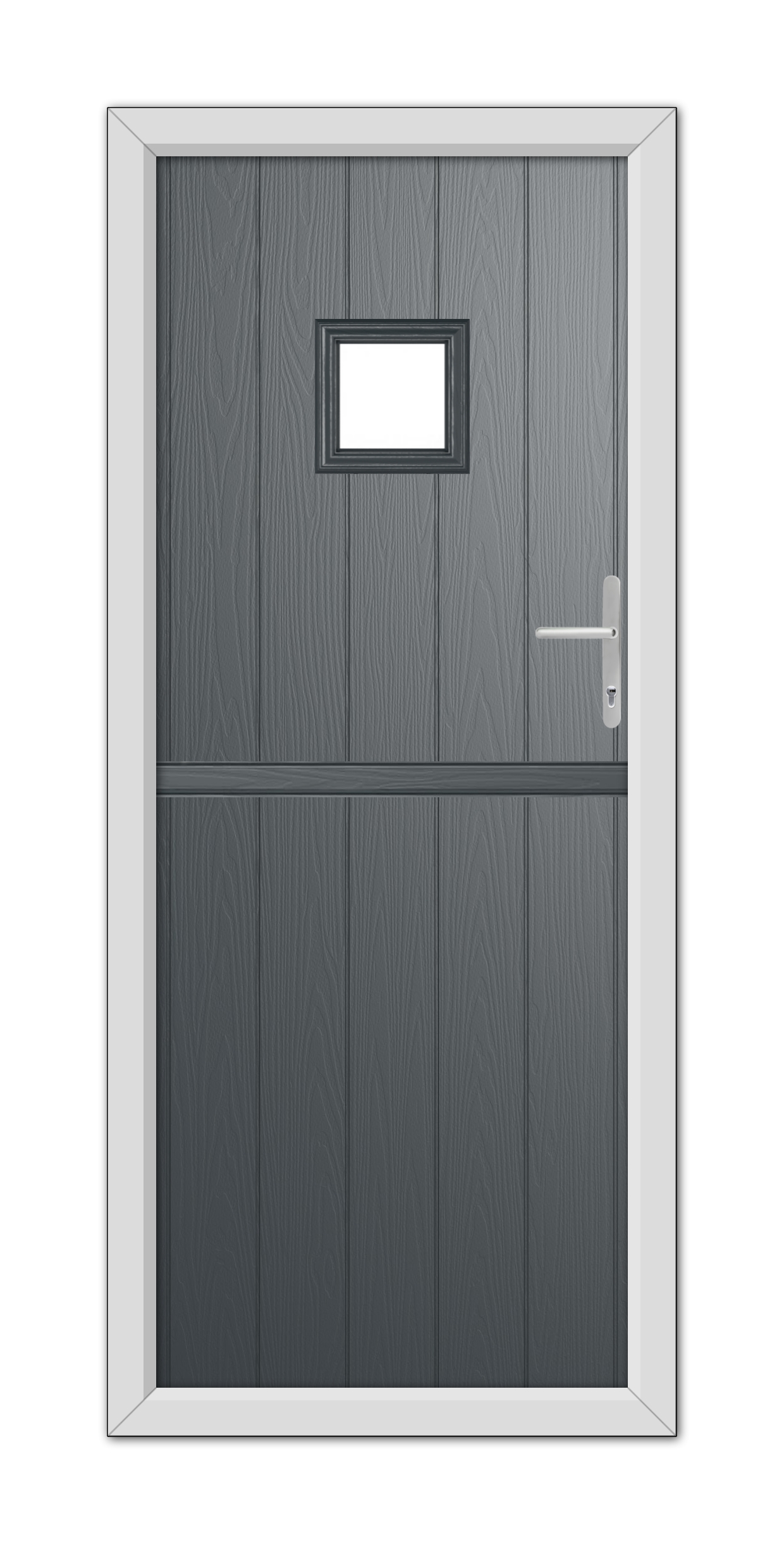 A modern Anthracite Grey Brampton Stable Composite Door with a small square window at the top and a metallic handle, set within a white frame.