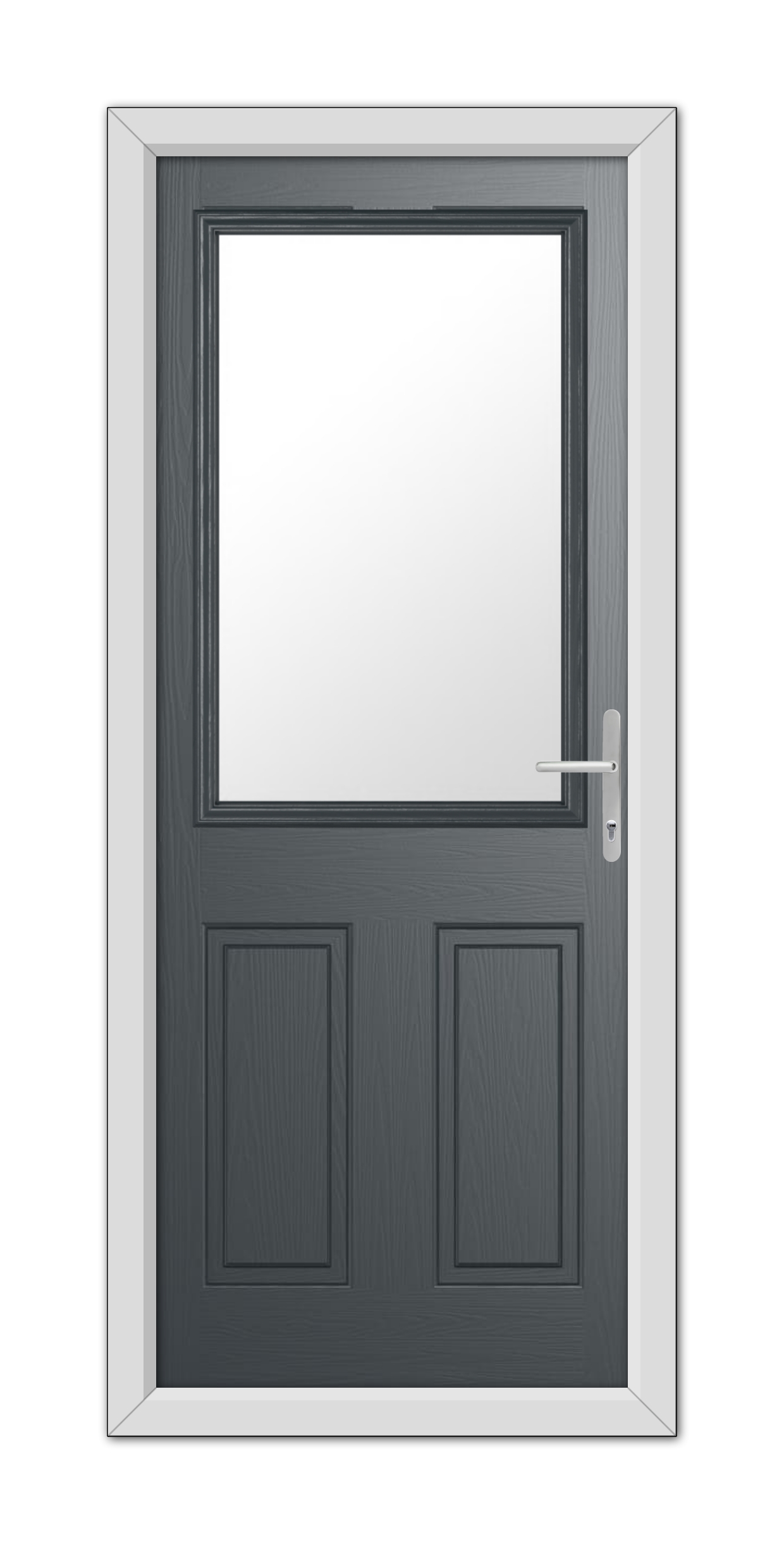 A modern Anthracite Grey Buxton Composite door with a large, central, rectangular window pane, set in a white frame, featuring a silver handle on the right side.