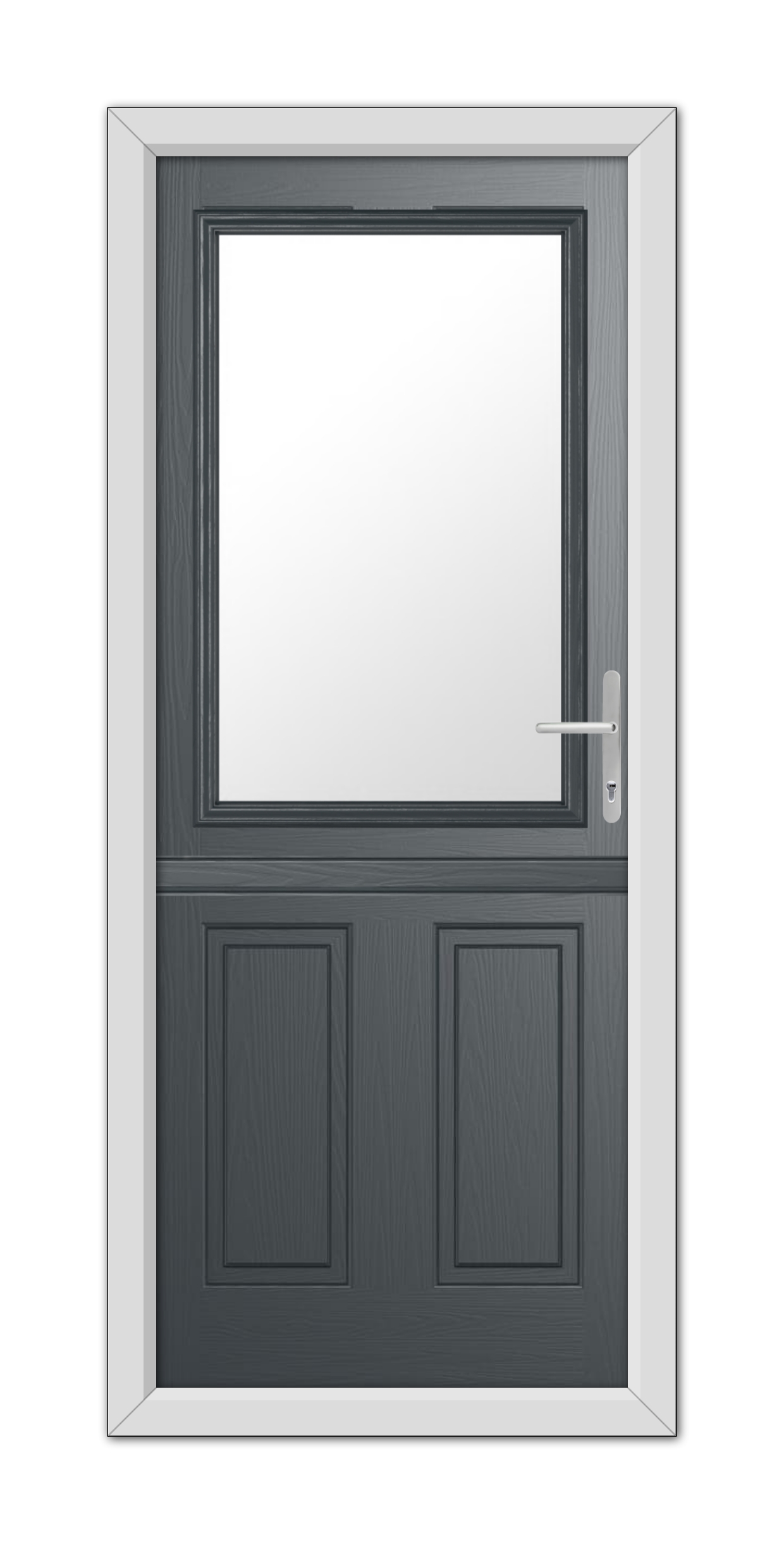 A modern Anthracite Grey Buxton Stable Composite Door with a square window at the top, set in a white frame, featuring a silver handle on the right side.