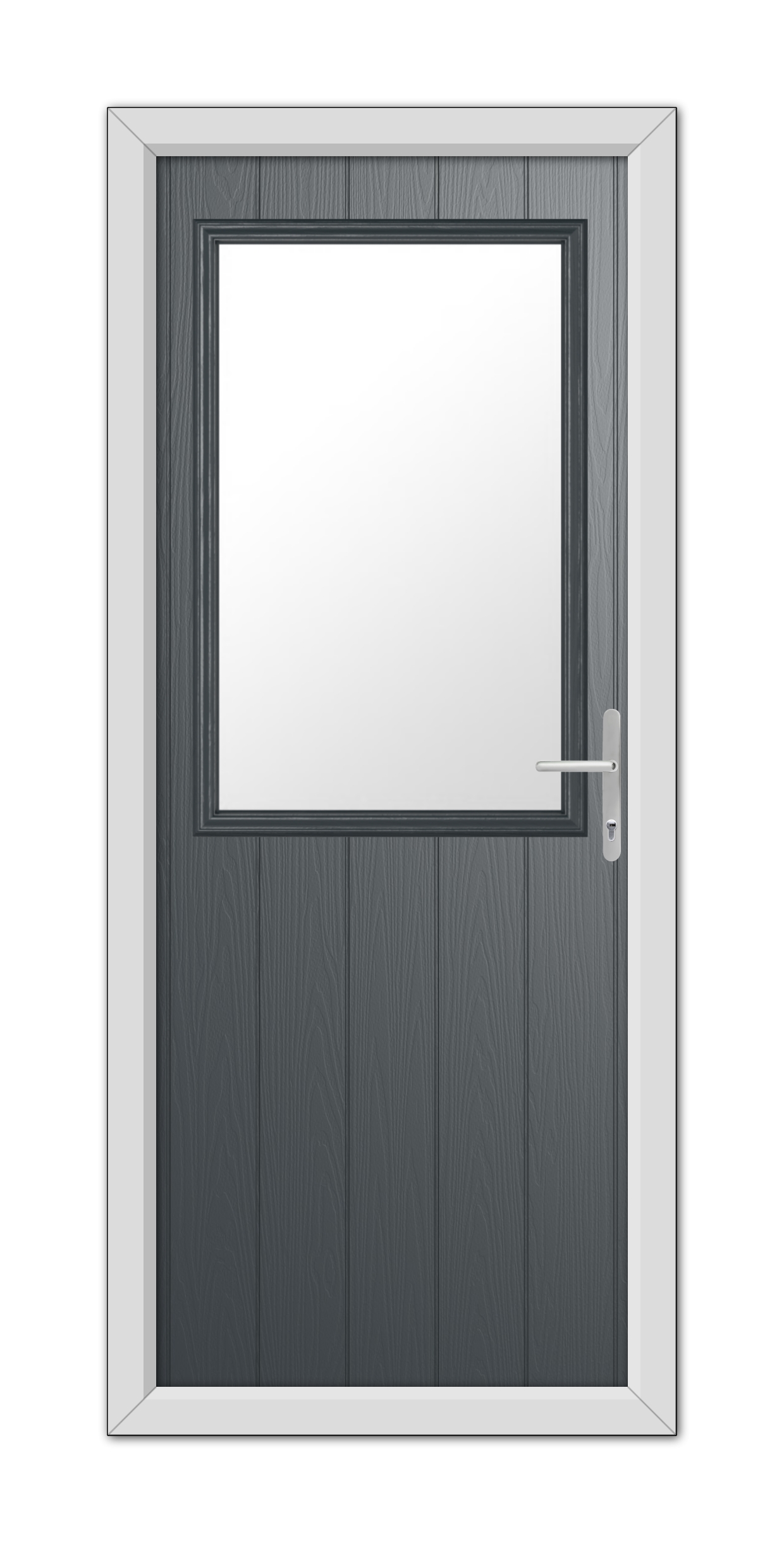 A modern Anthracite Grey Clifton Composite Door 48mm Timber Core with a white frame, featuring a centered square window and a handle on the right.