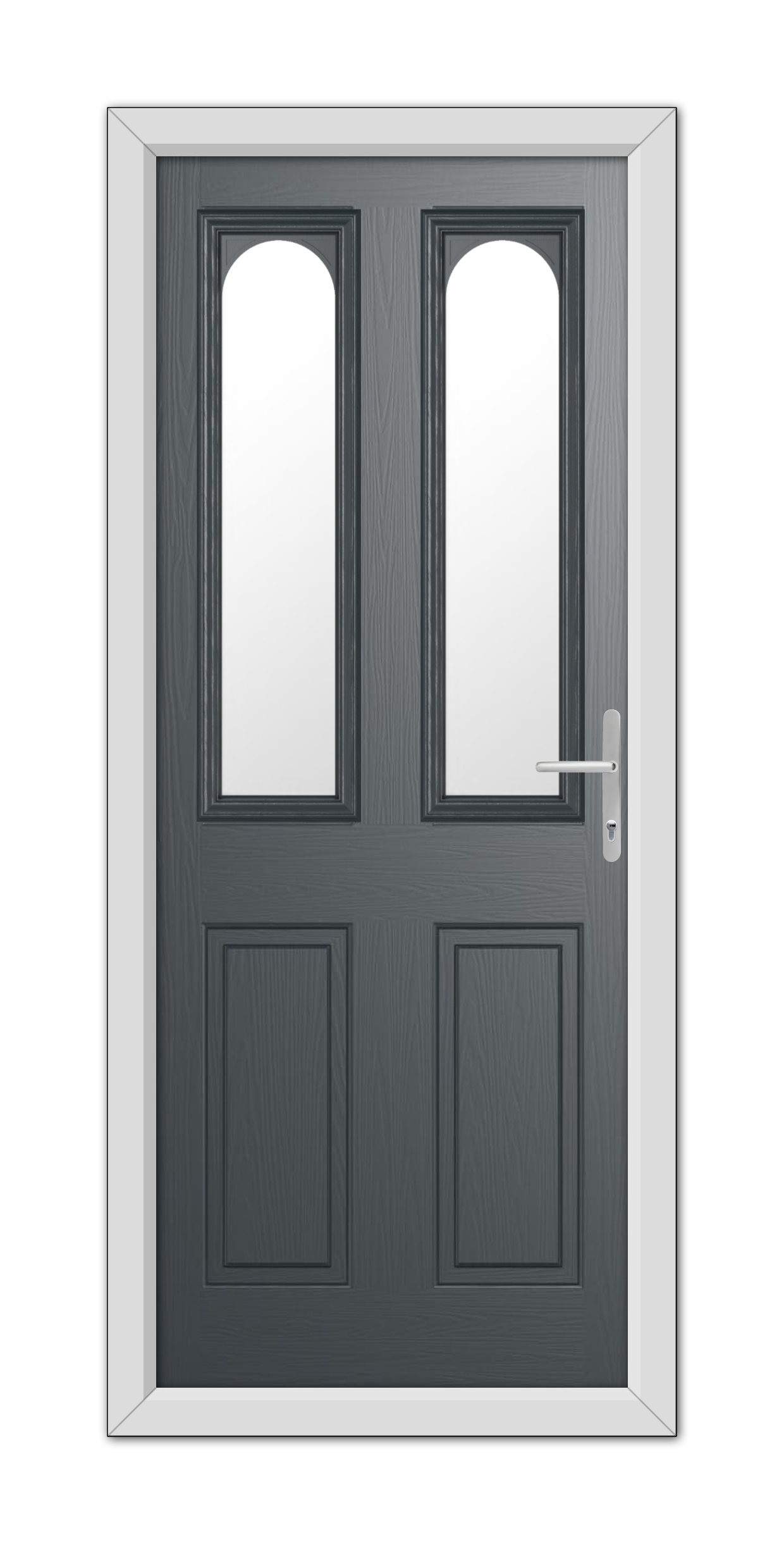 Double-door entry with a Anthracite Grey Elmhurst Composite Door 48mm Timber Core finish and vertical glass panels on each door, equipped with a modern handle on the right side.