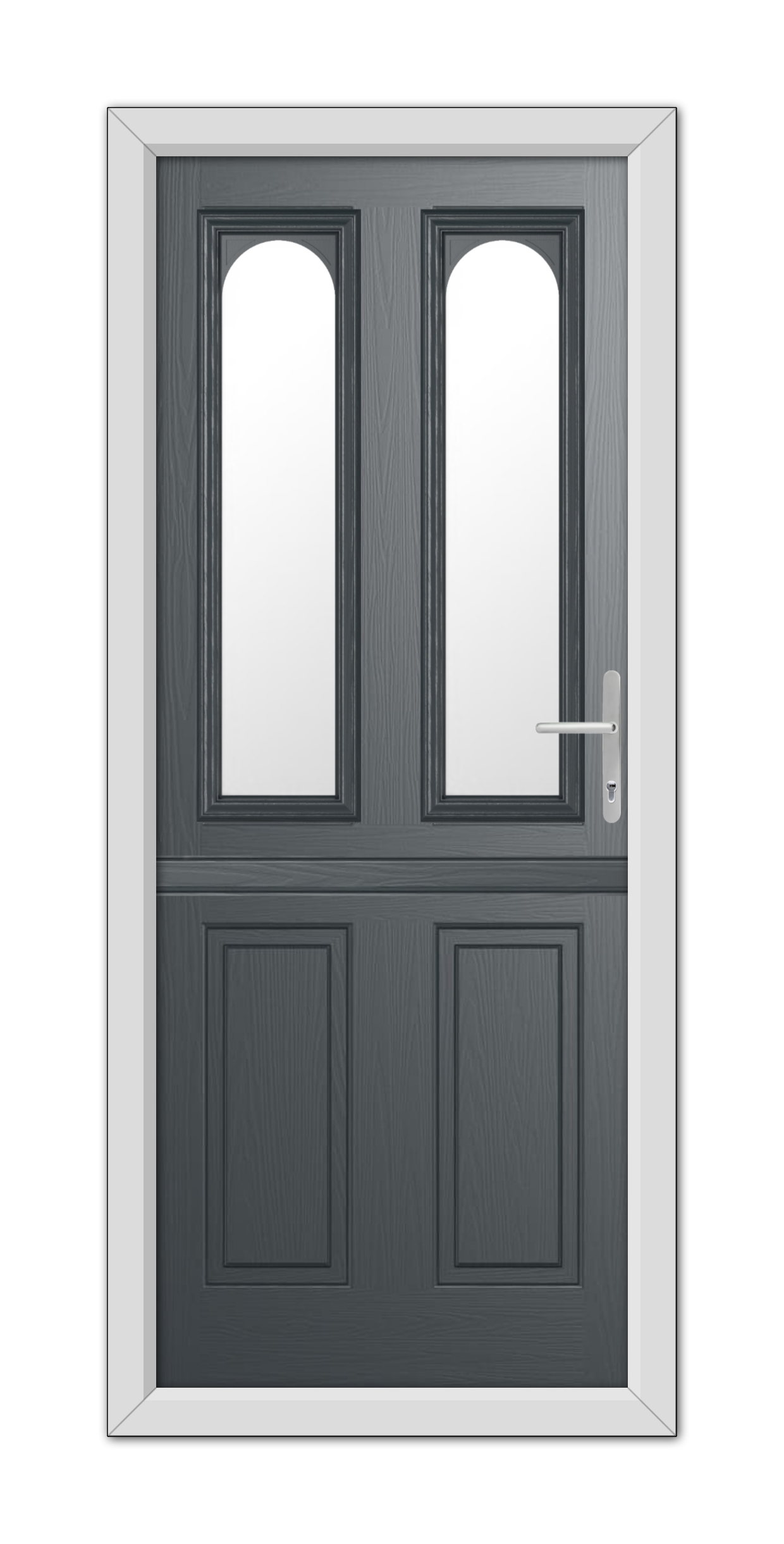 A modern Anthracite Grey Elmhurst Stable Composite Door 48mm Timber Core with upper half windows and a metallic handle, set in a white frame.