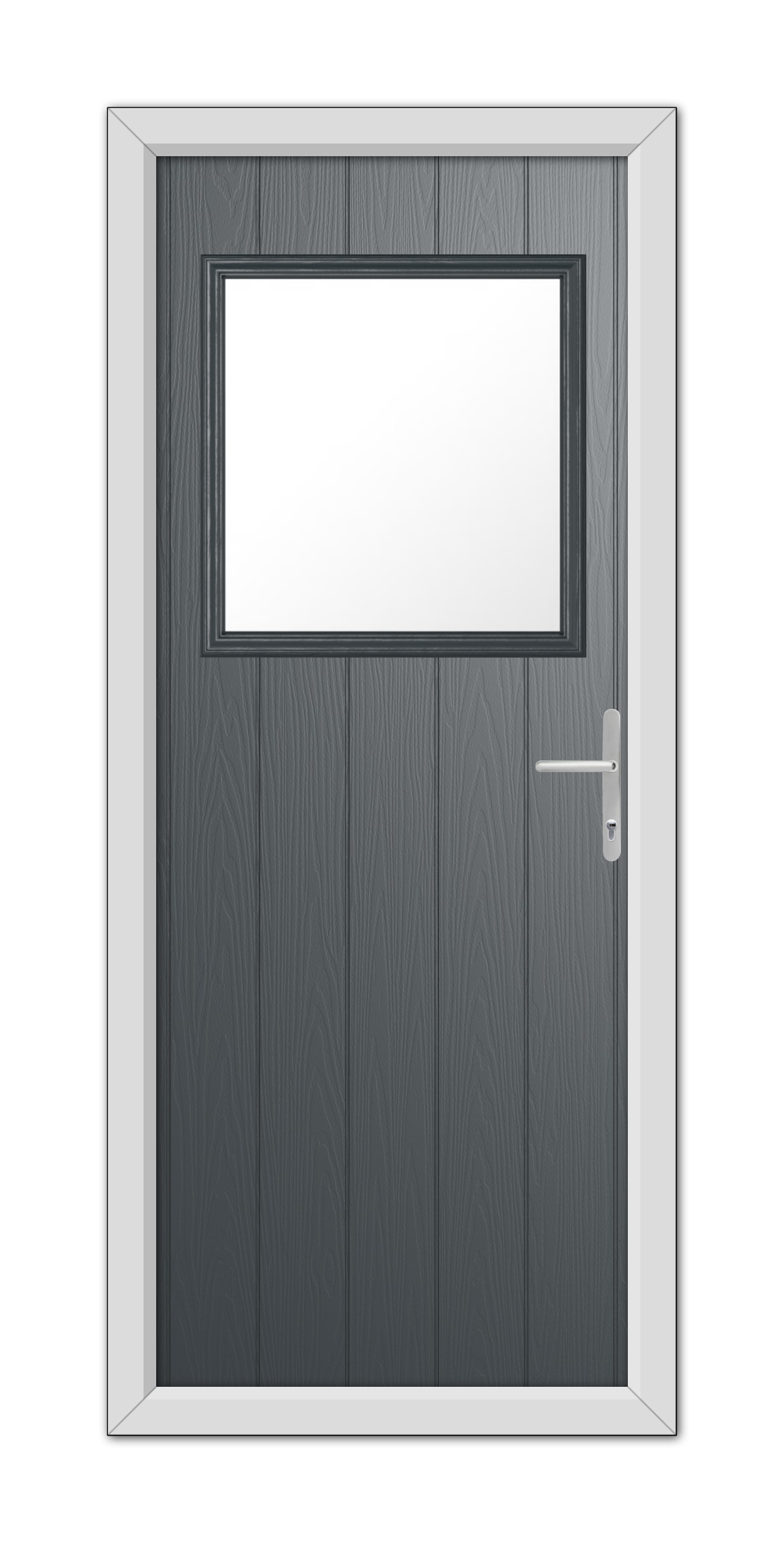 A modern anthracite grey Fife composite door with a rectangular window and a stainless steel handle, set within a white frame.