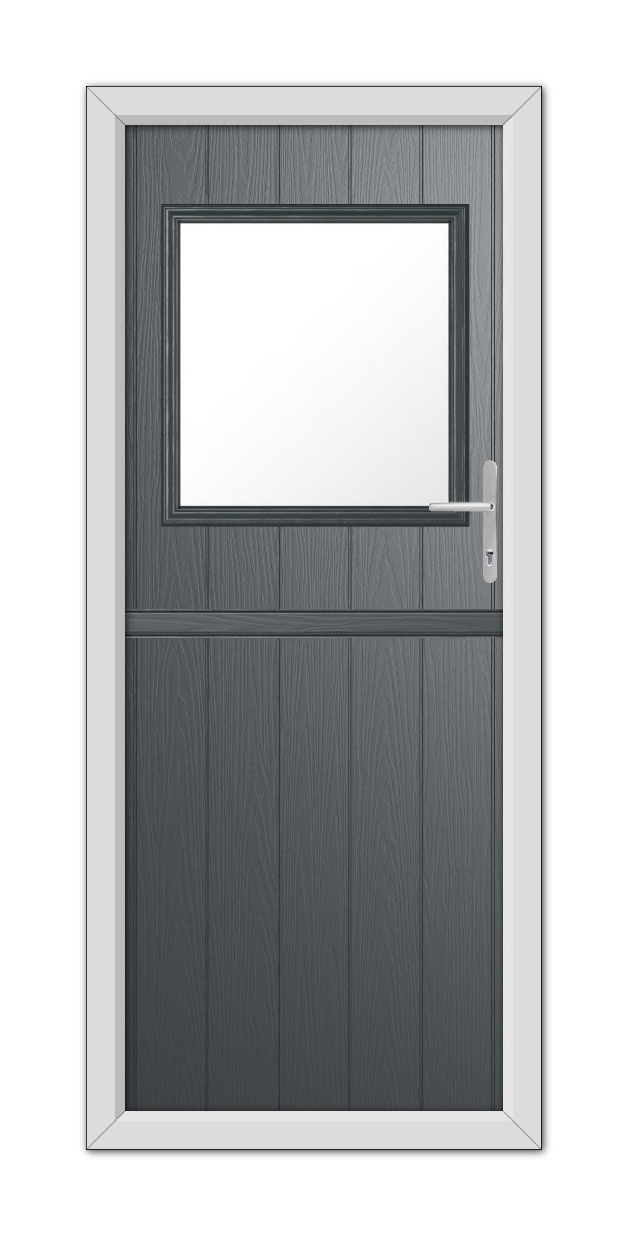 A modern Anthracite Grey Fife Stable Composite Door 48mm Timber Core with a white frame, featuring a small horizontal window at the upper half and a handle on the right side.